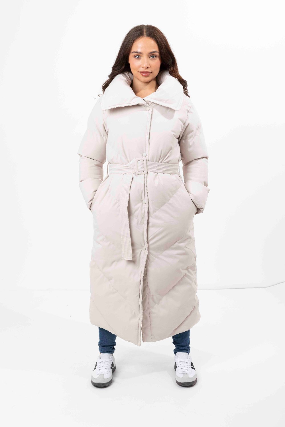 High Neck Belted Padded Long Puffer Coat