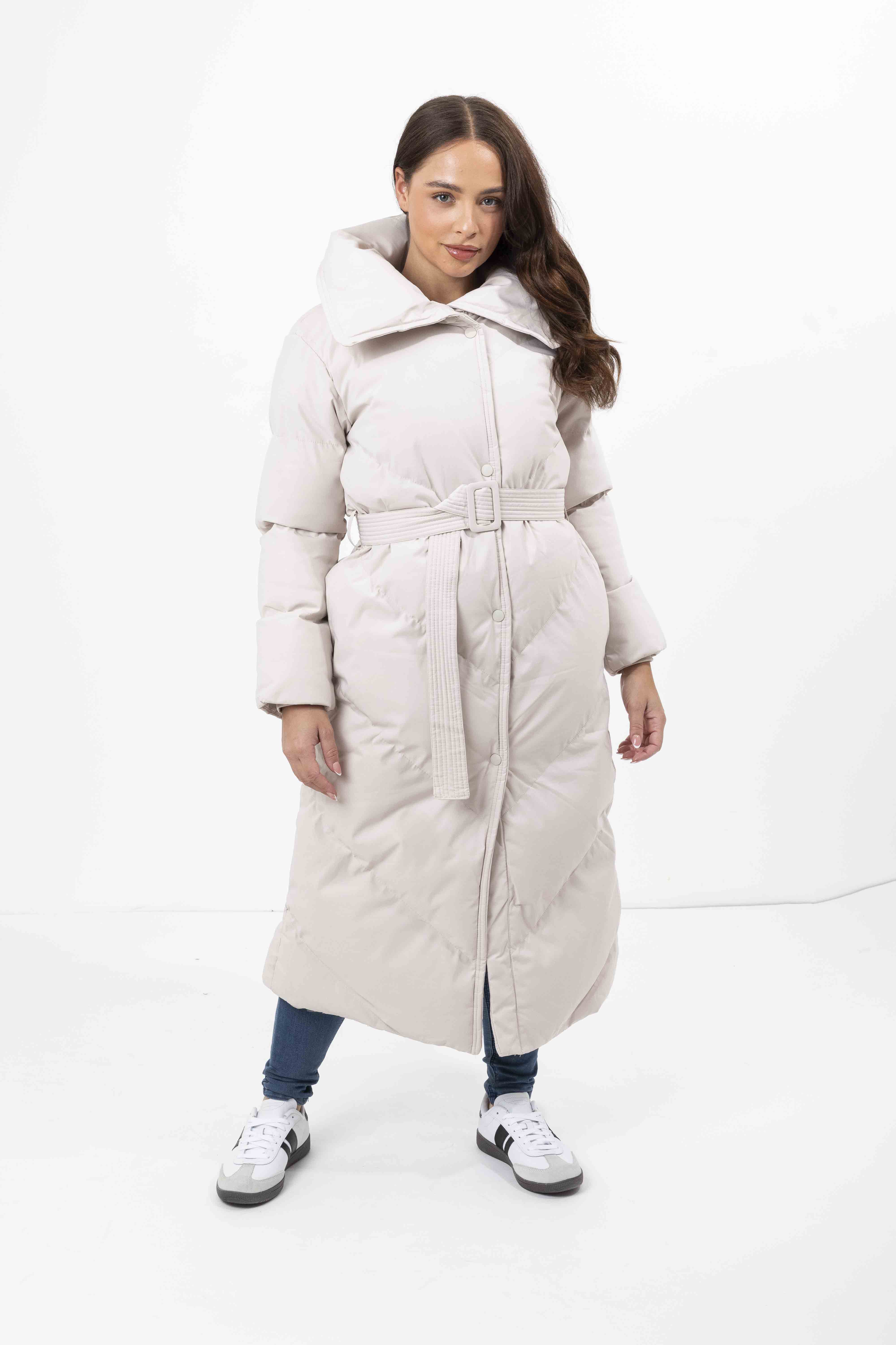 High Neck Belted Padded Long Puffer Coat