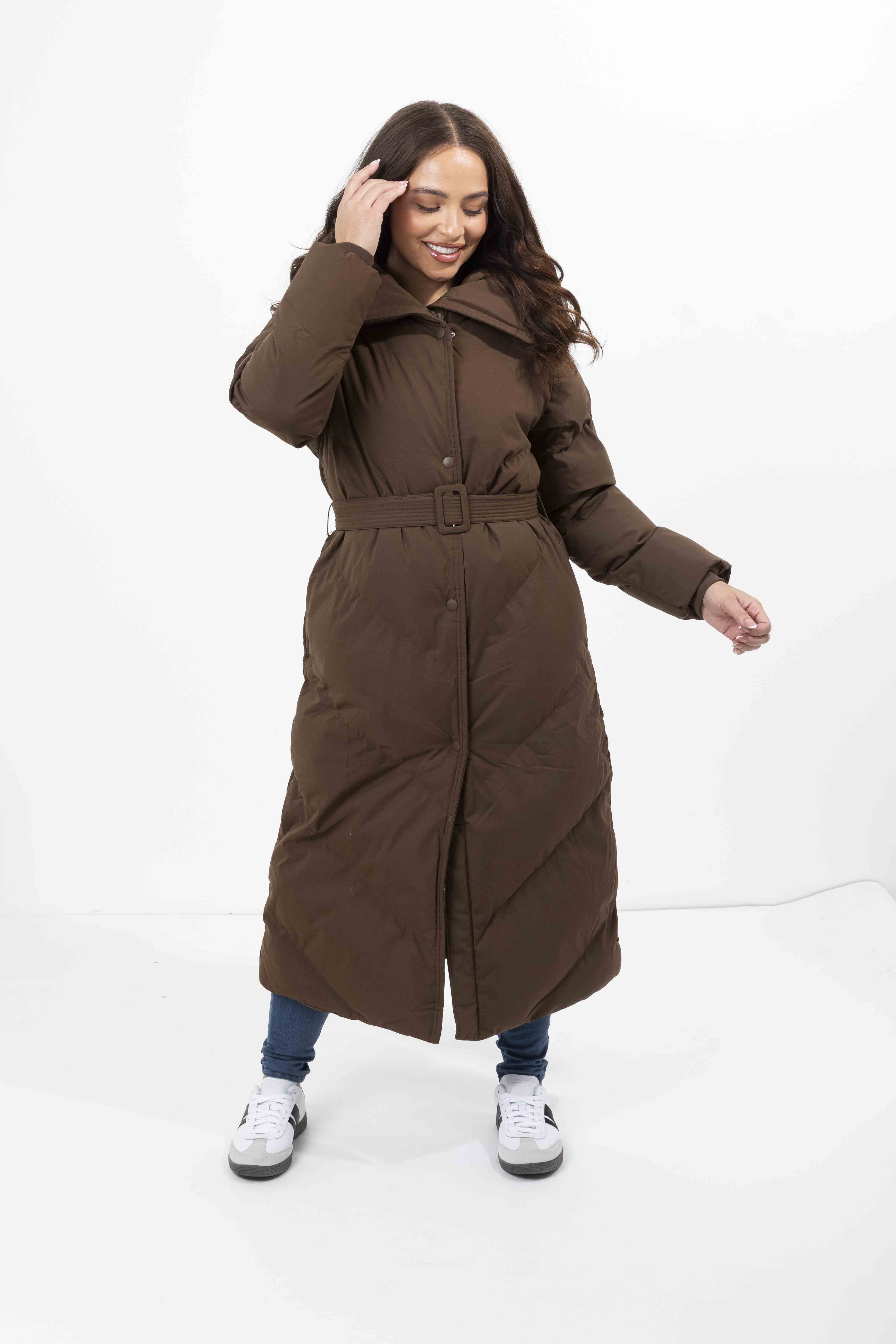 Long padded belted coat online