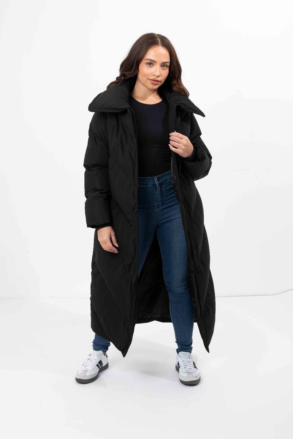 High Neck Belted Padded Long Puffer Coat