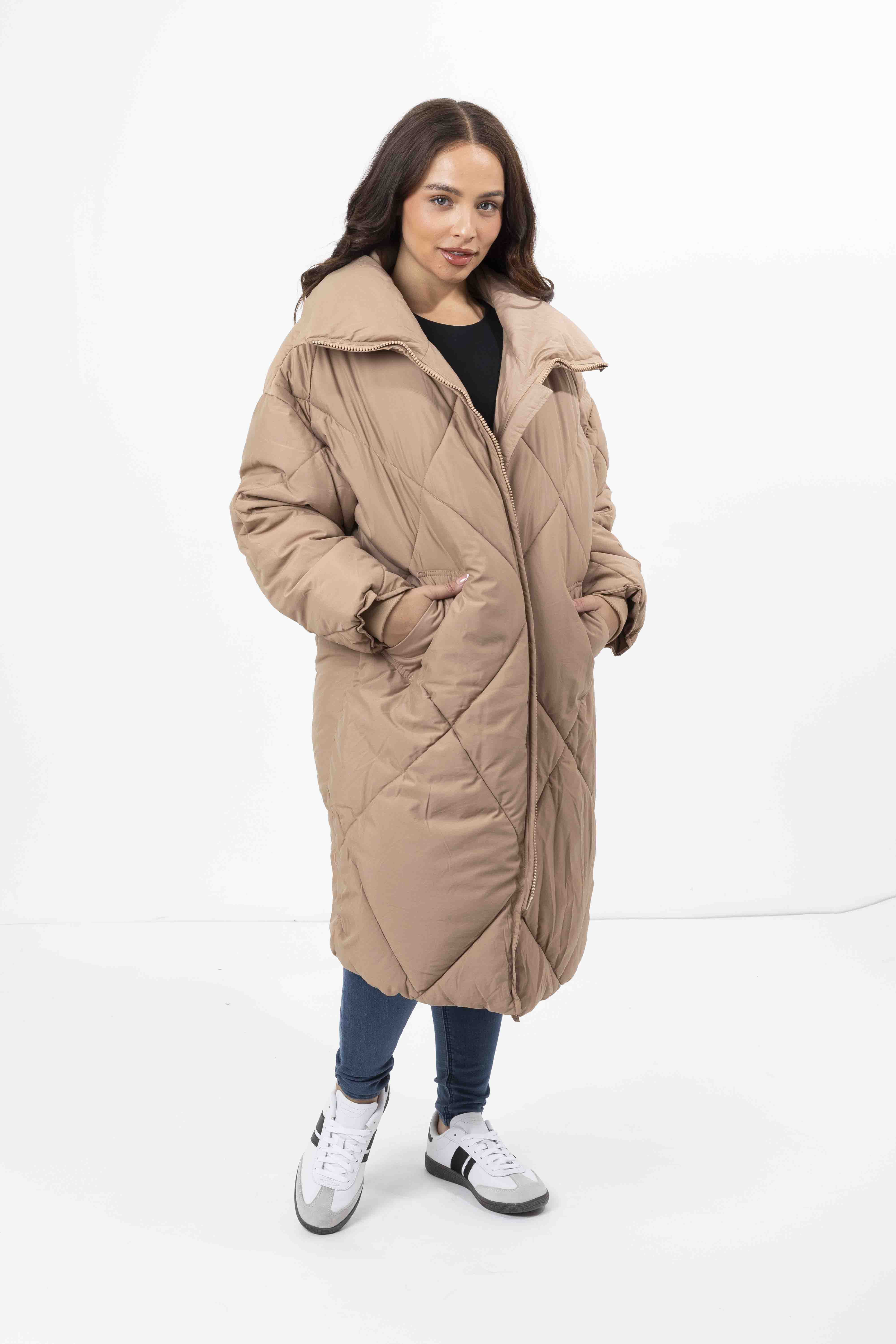 Quilted High Neck Relaxed Fit Midi Lightweight Puffer Jacket