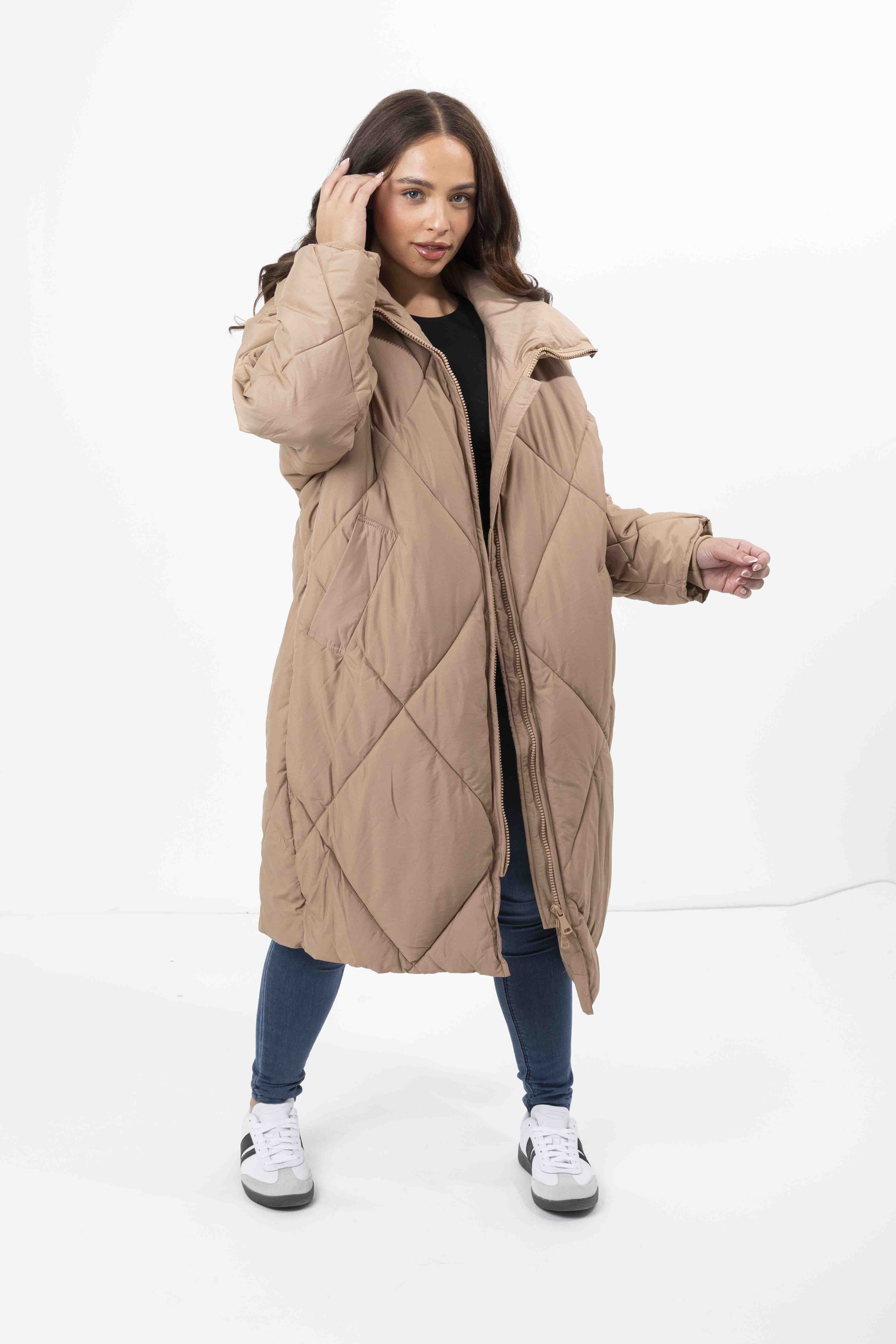 Quilted High Neck Relaxed Fit Midi Lightweight Puffer Jacket