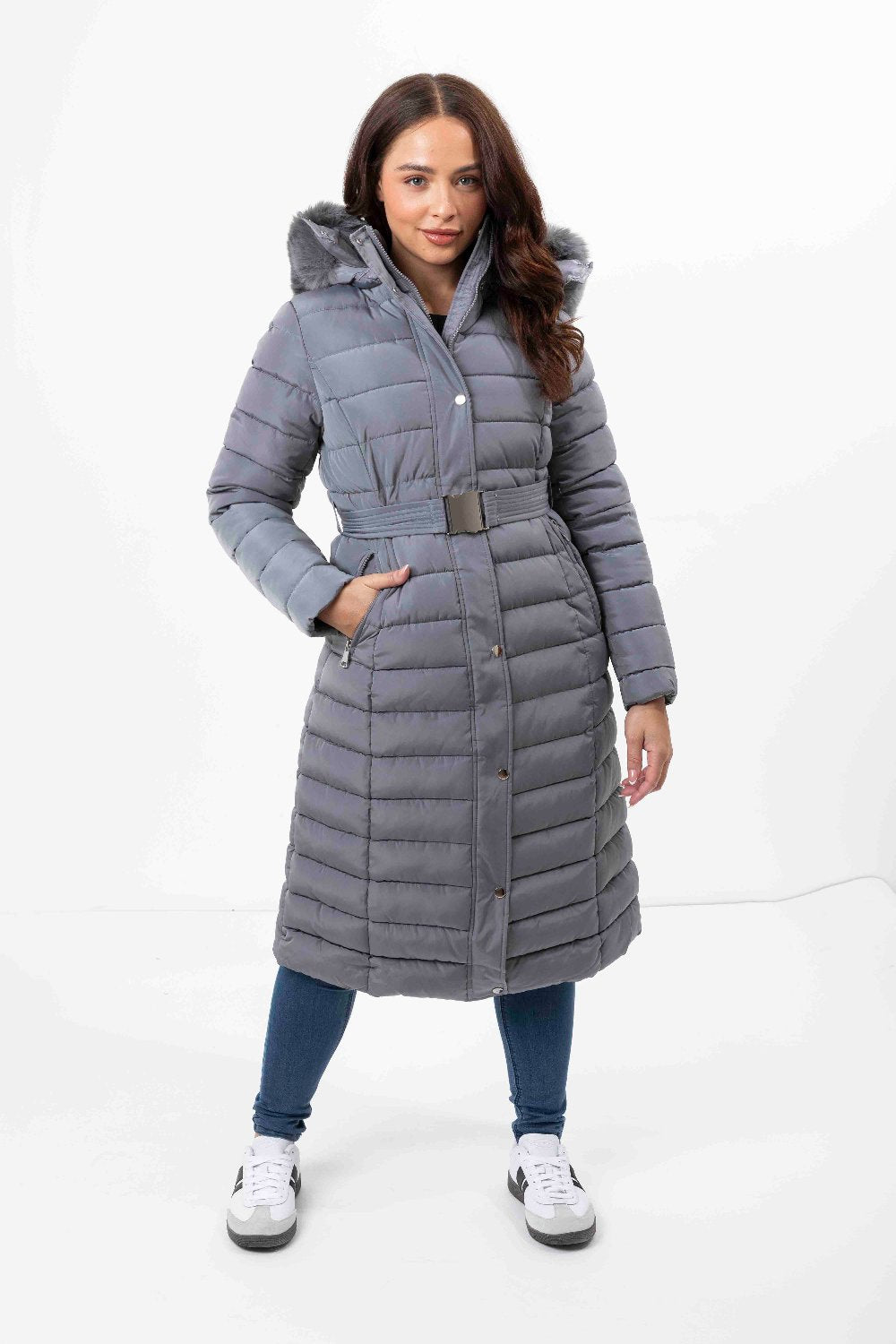 Faux Fur Trimmed Hood Quilted And Belted Shimmer Long Padded Coat