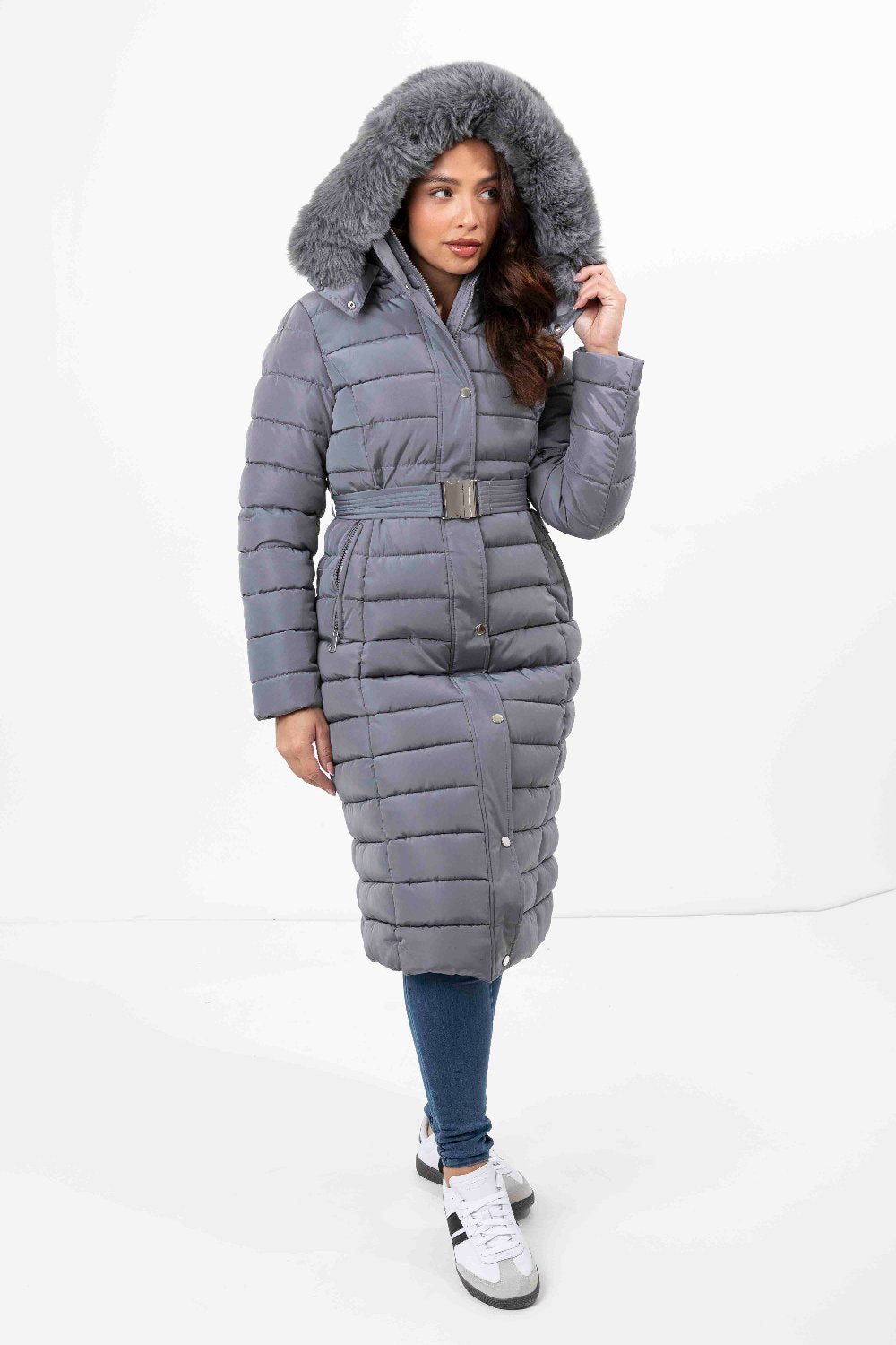 Faux Fur Trimmed Hood Quilted And Belted Shimmer Long Padded Coat