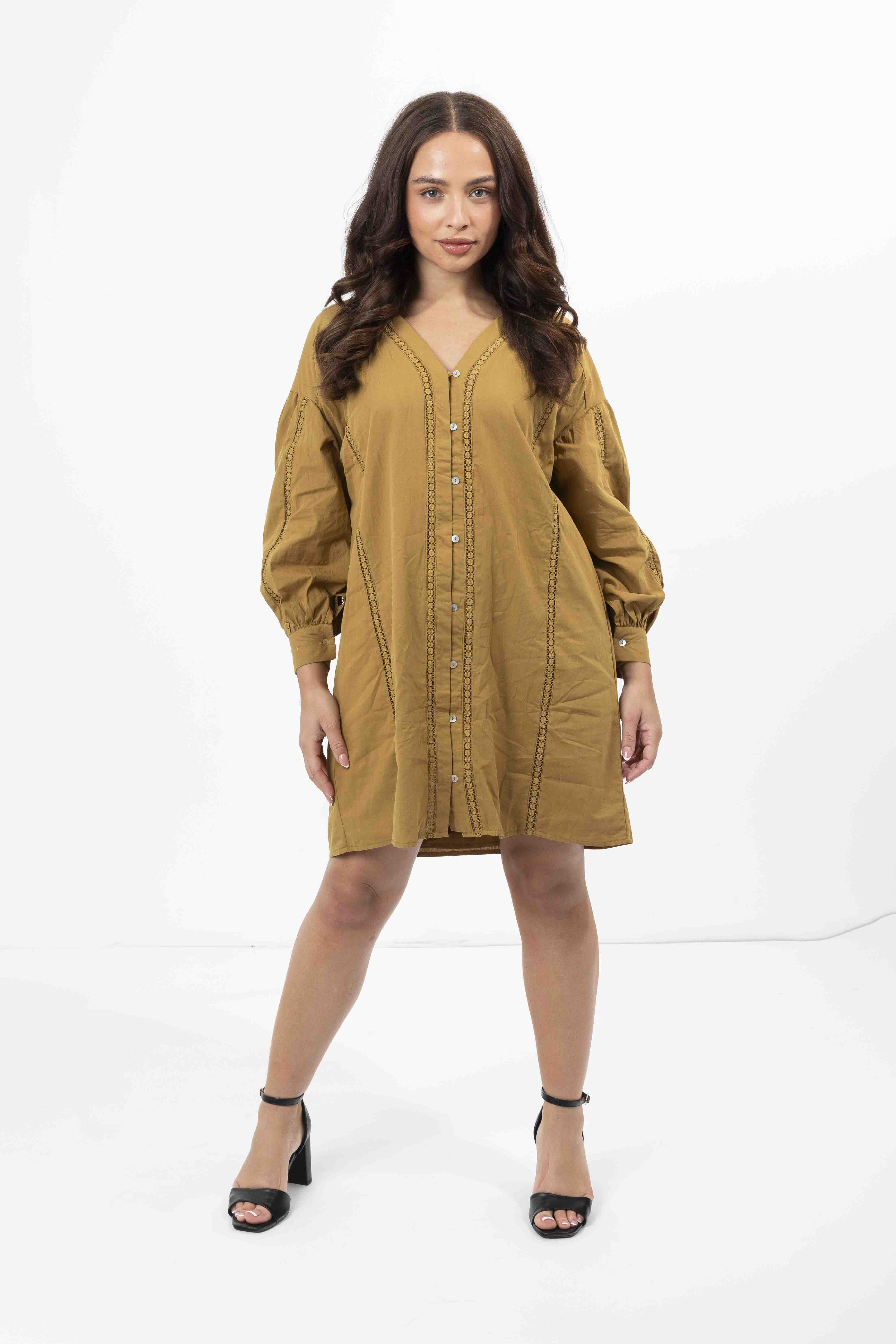 Wholesale Women's Embroidered Panel Lined Cotton V-Cut Shirt Dress (PACK OF 6)