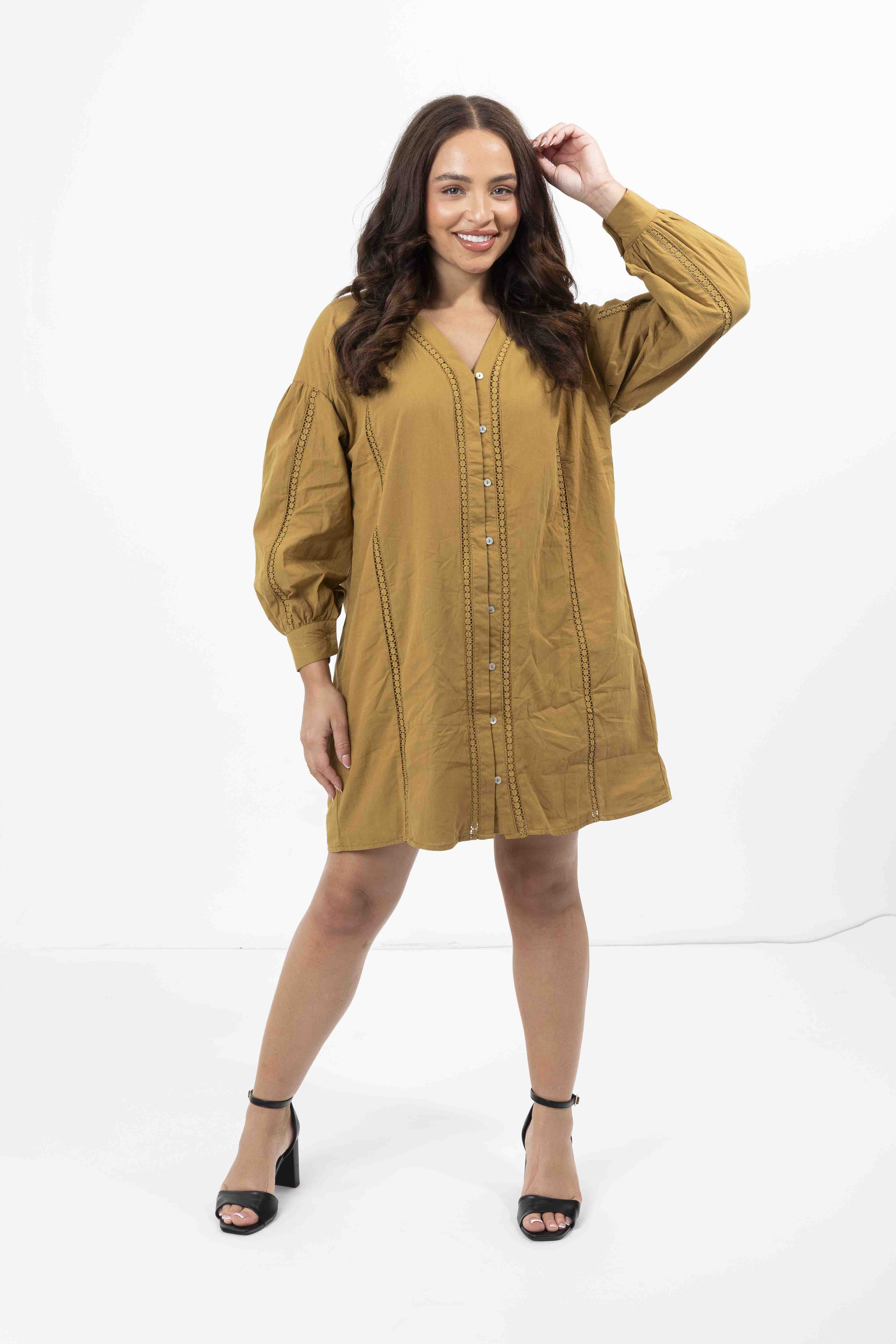 Embroidered Panel Lined Cotton V-Cut Shirt Dress