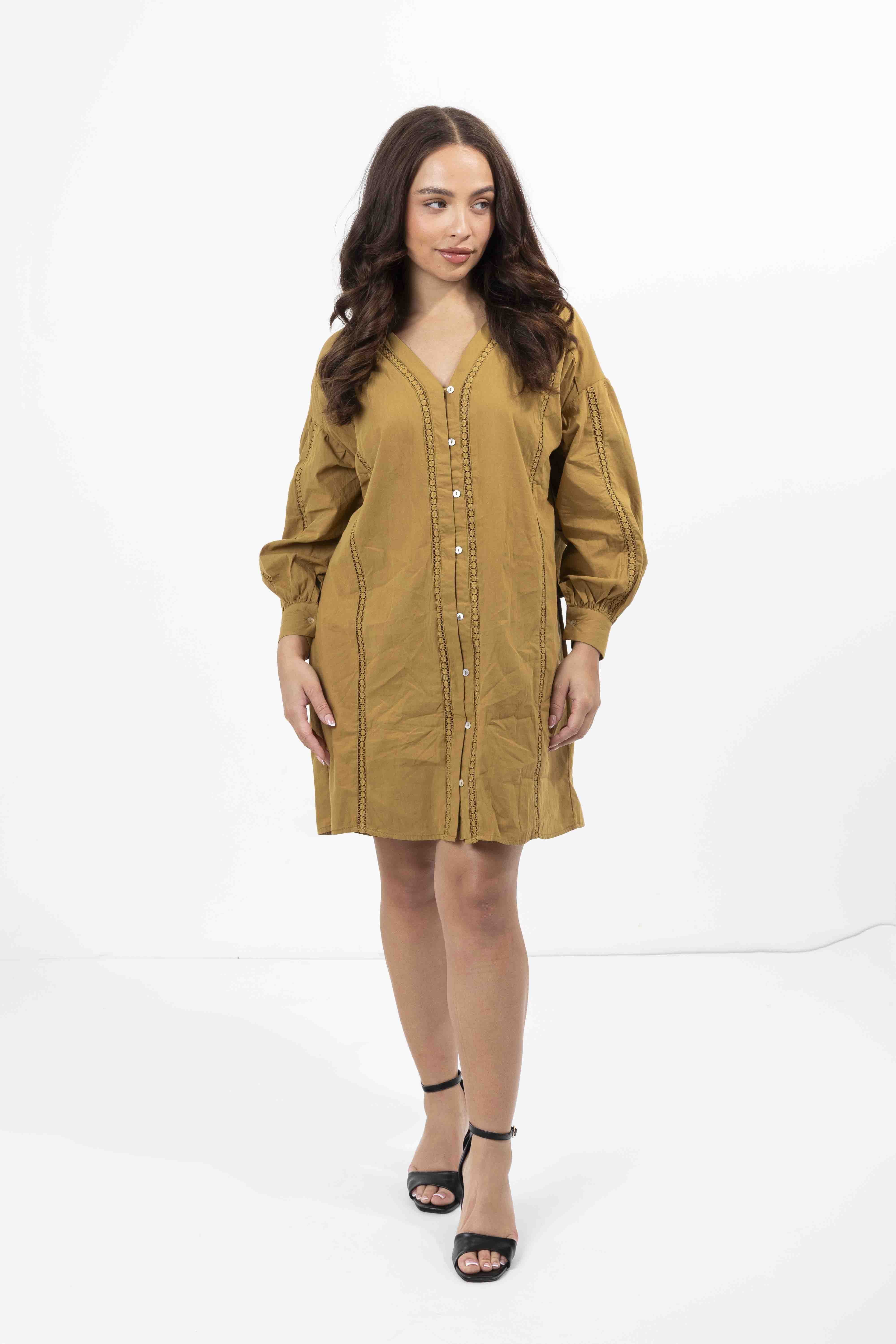 Embroidered Panel Lined Cotton V-Cut Shirt Dress