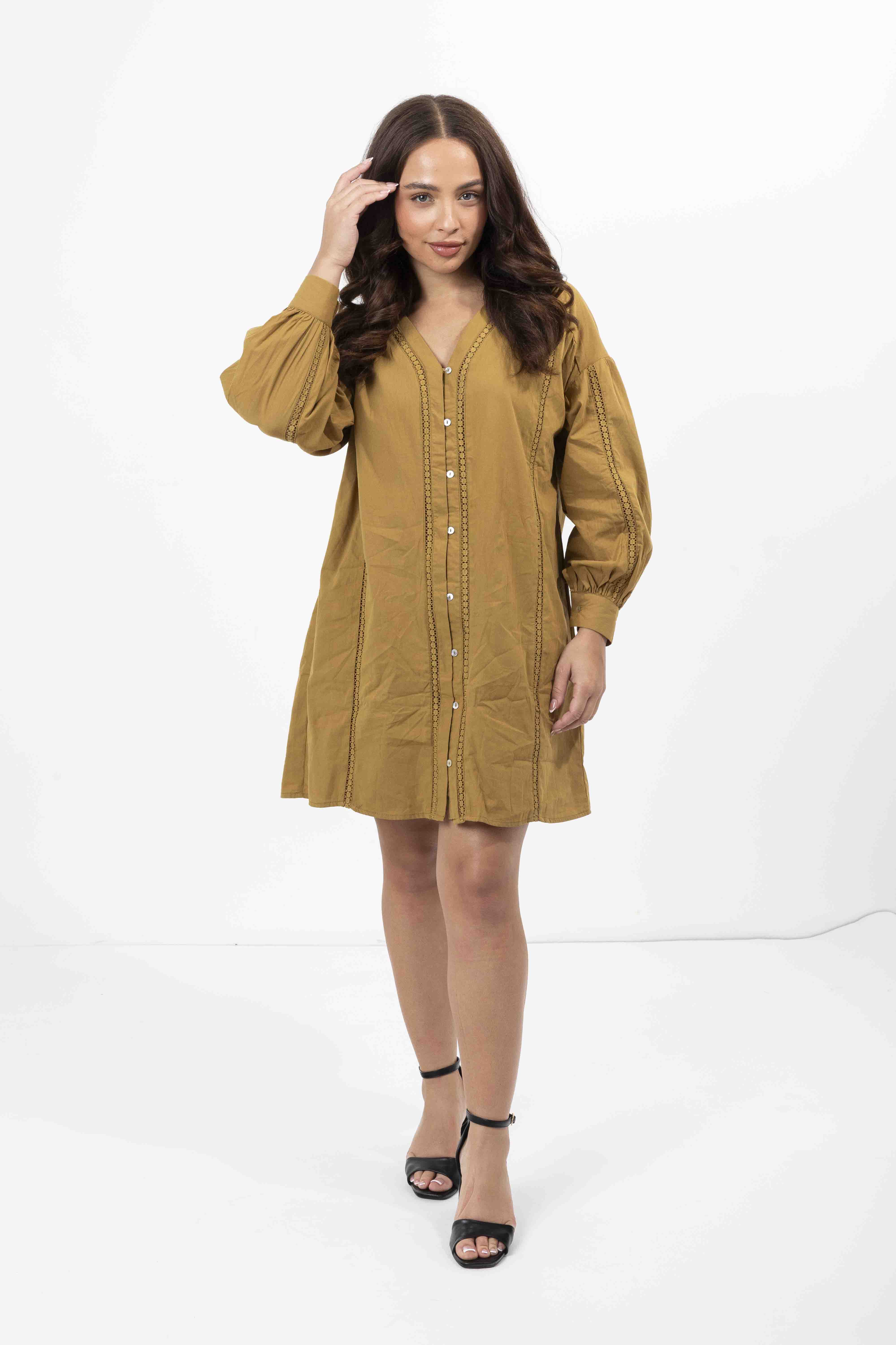 Embroidered Panel Lined Cotton V-Cut Shirt Dress