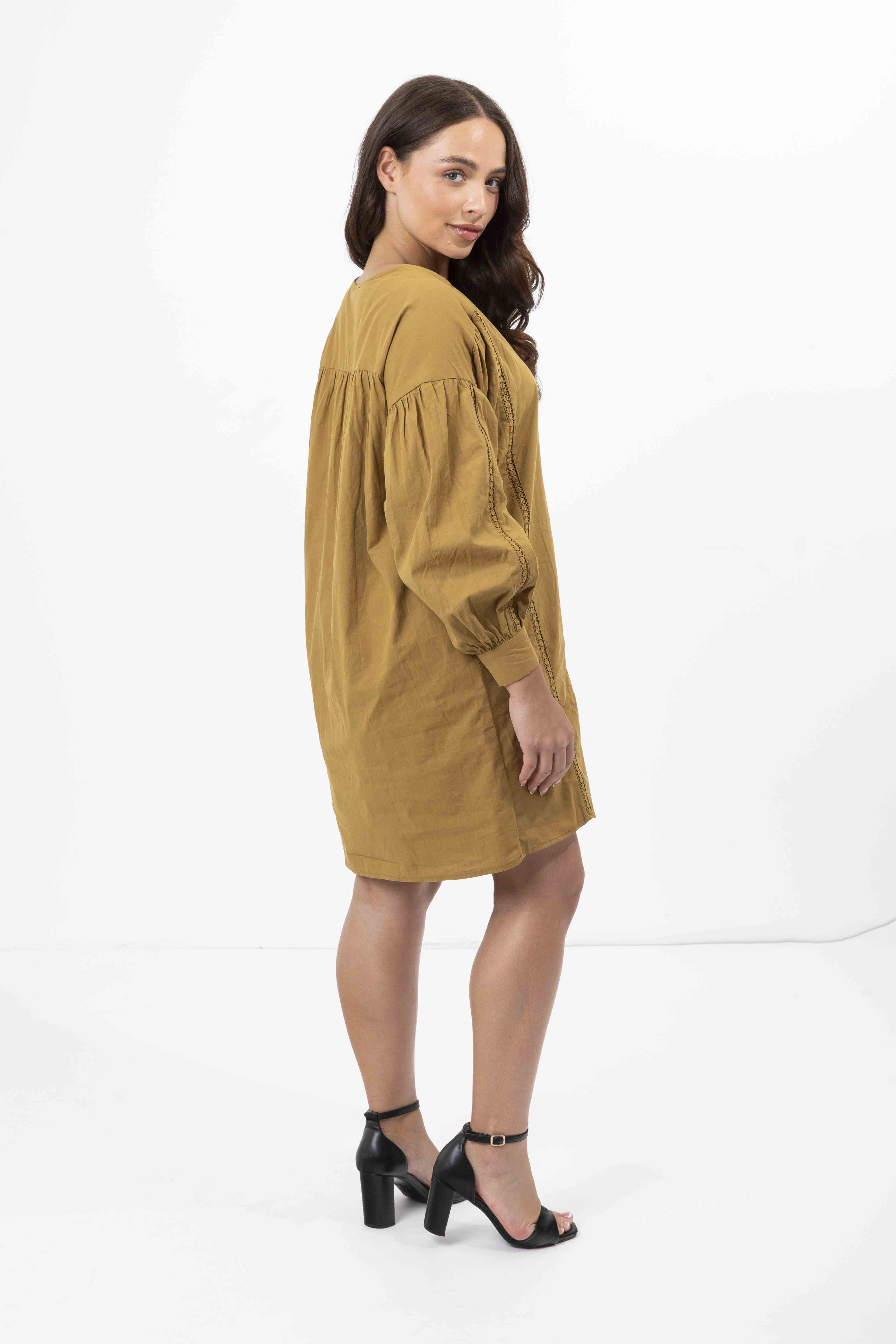 Embroidered Panel Lined Cotton V-Cut Shirt Dress