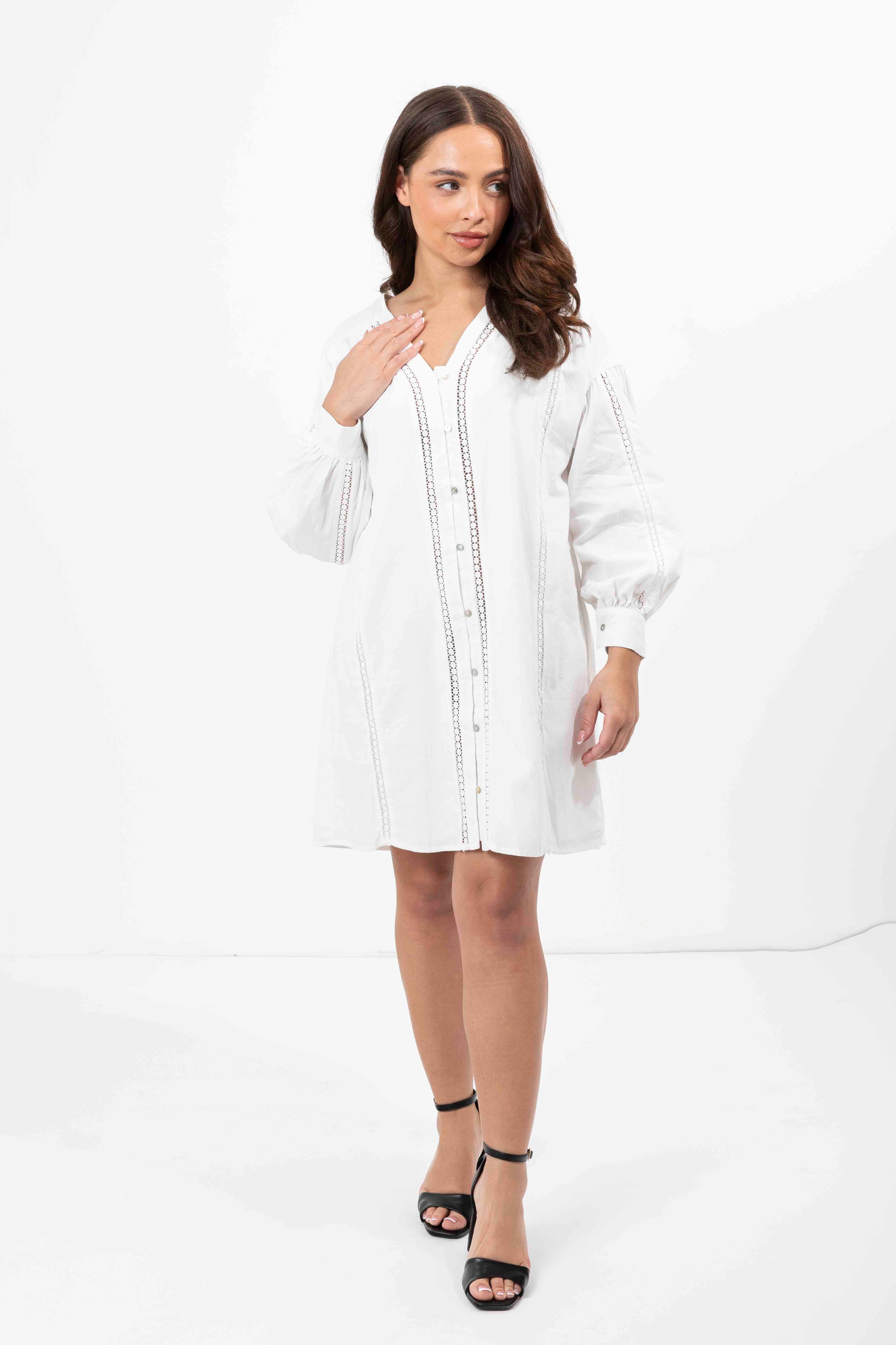 Embroidered Panel Lined Cotton V-Cut Shirt Dress