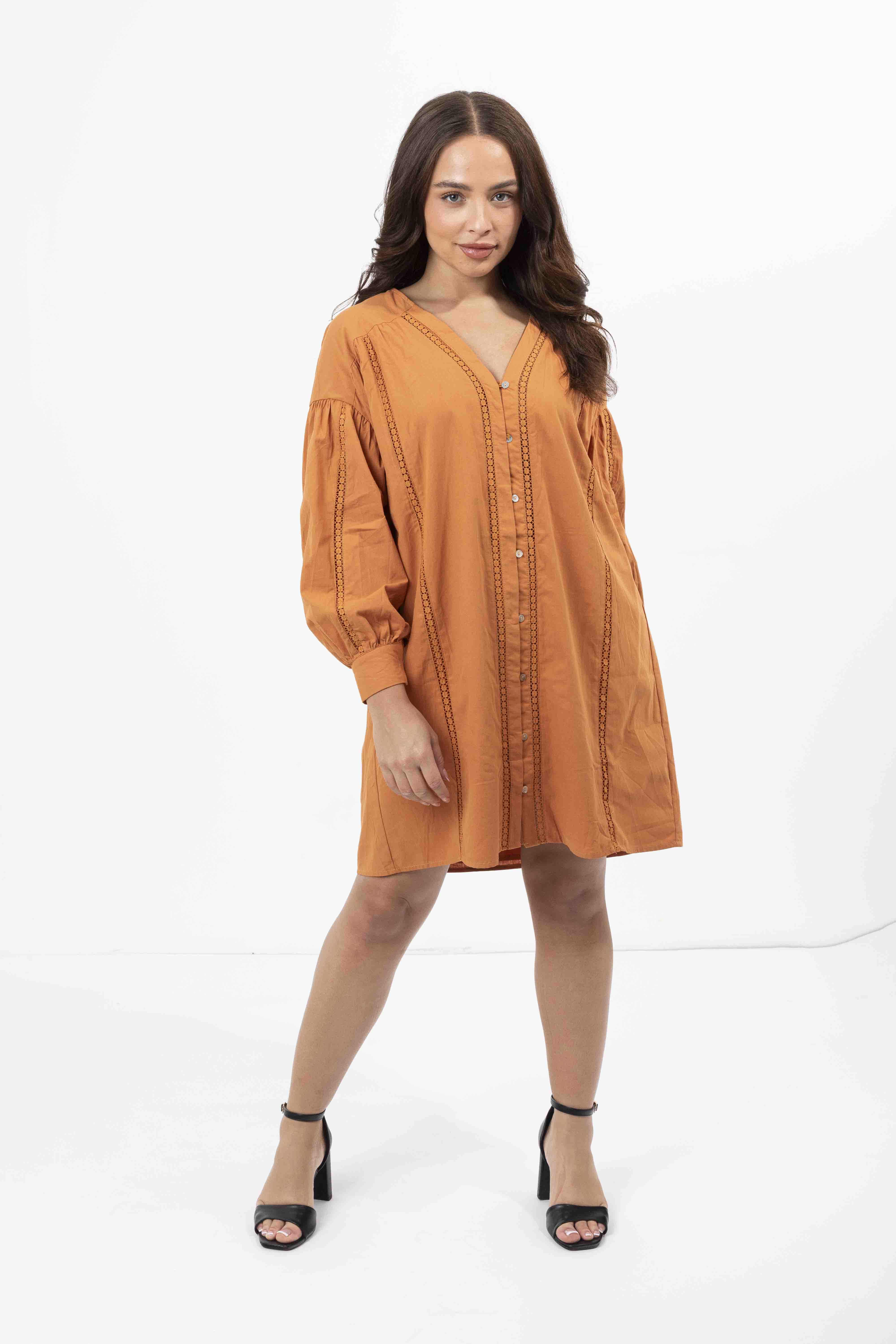 Embroidered Panel Lined Cotton V-Cut Shirt Dress