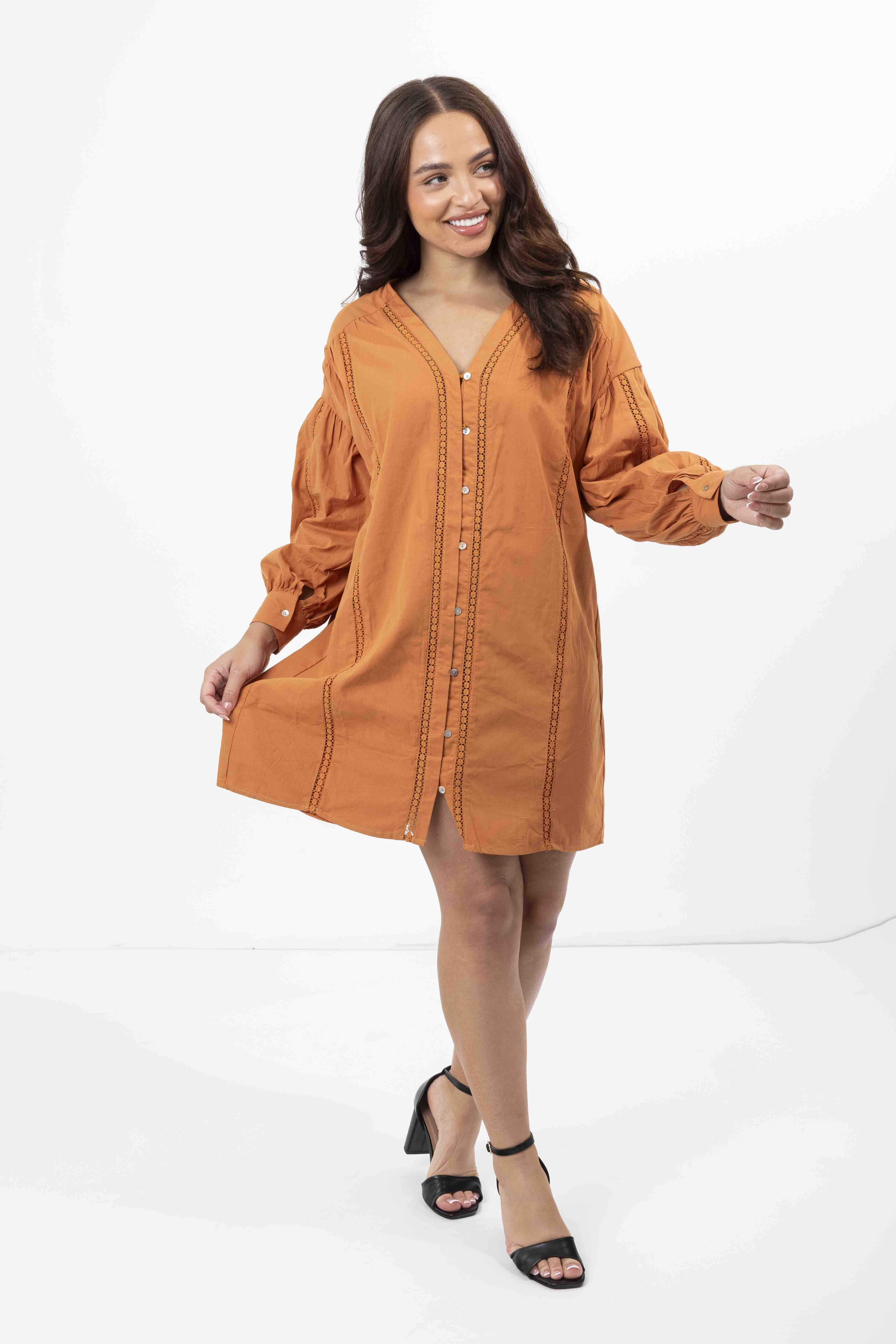 Wholesale Women's Embroidered Panel Lined Cotton V-Cut Shirt Dress (PACK OF 6)