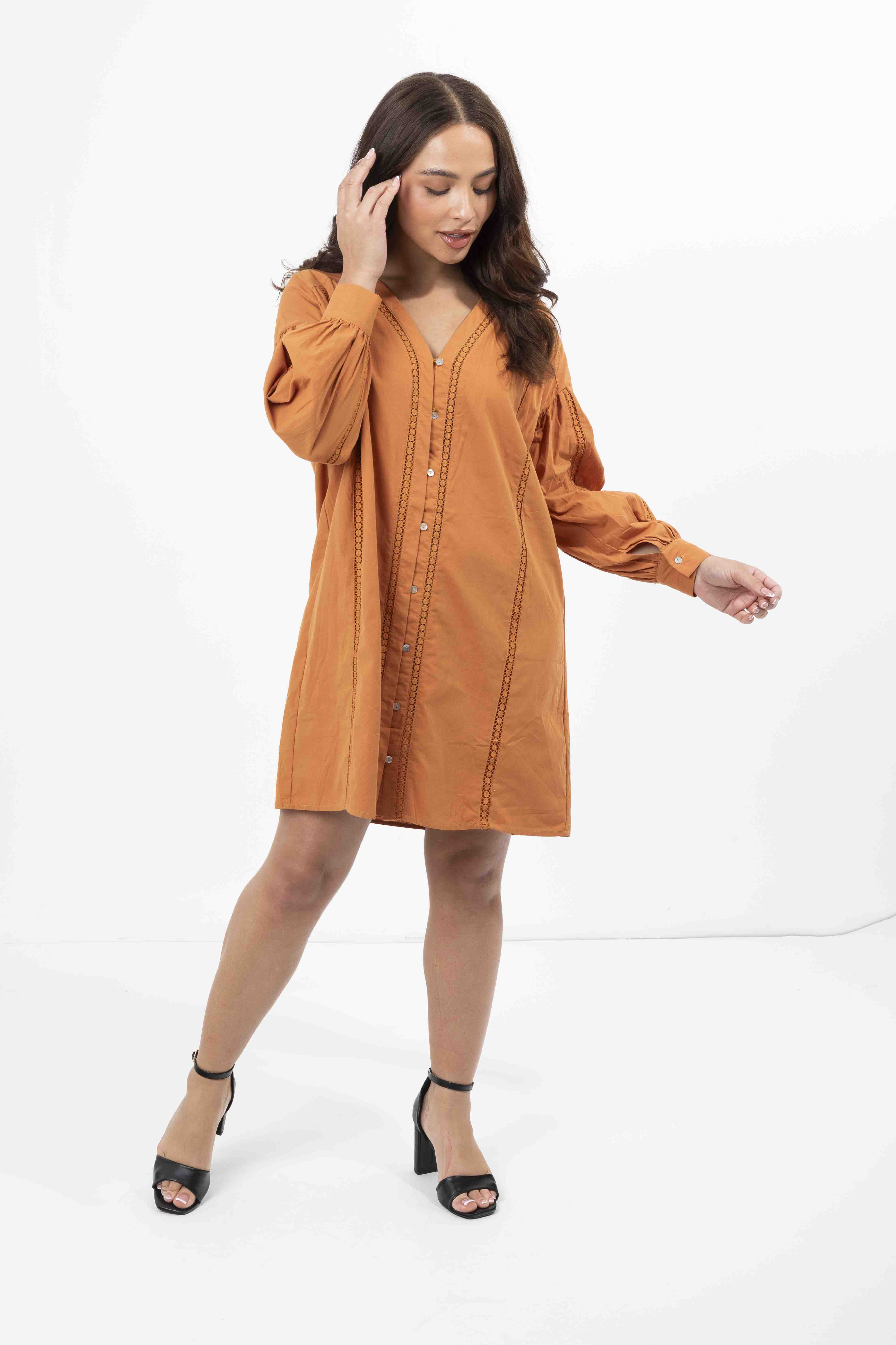 Wholesale Women's Embroidered Panel Lined Cotton V-Cut Shirt Dress (PACK OF 6)