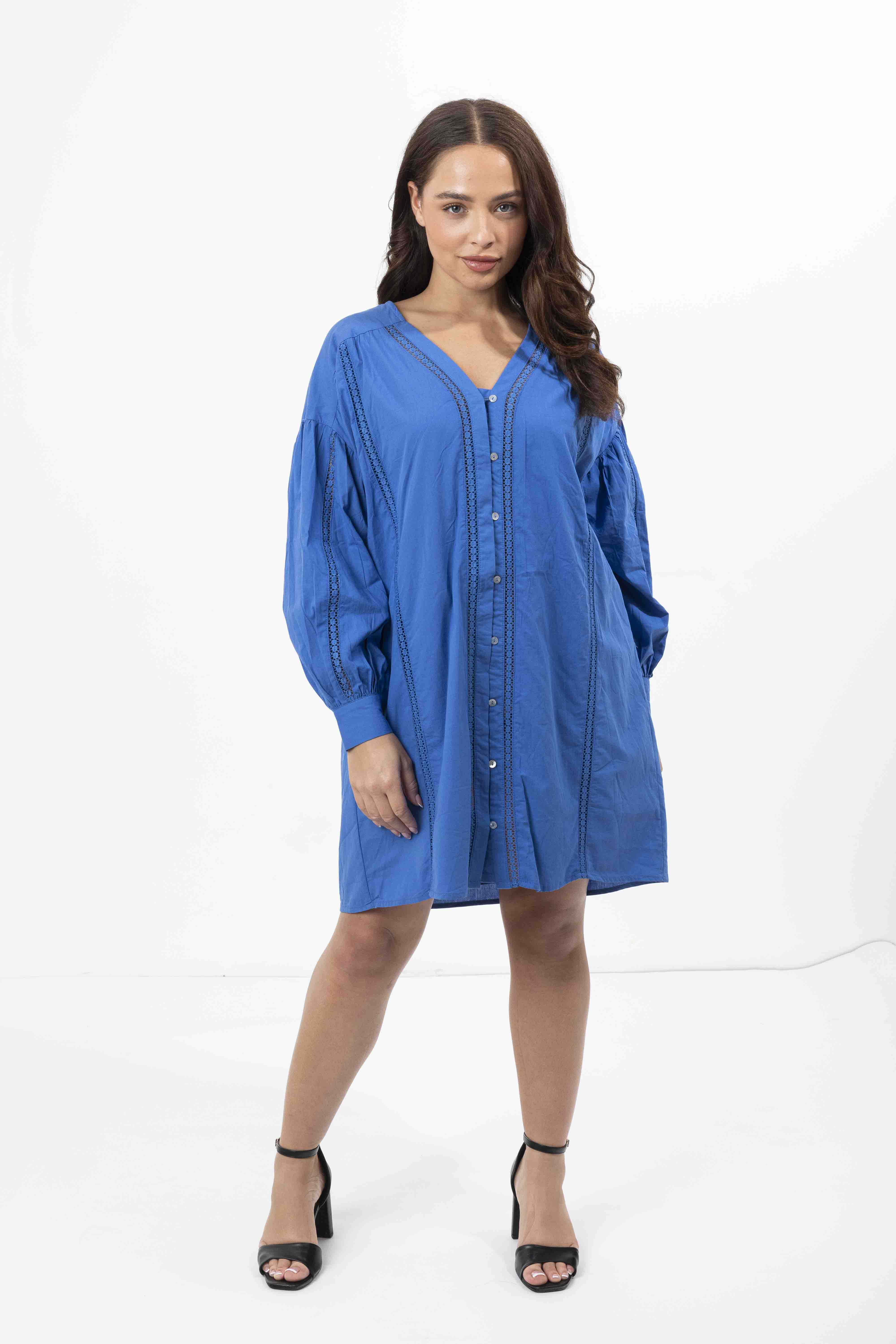 Embroidered Panel Lined Cotton V-Cut Shirt Dress