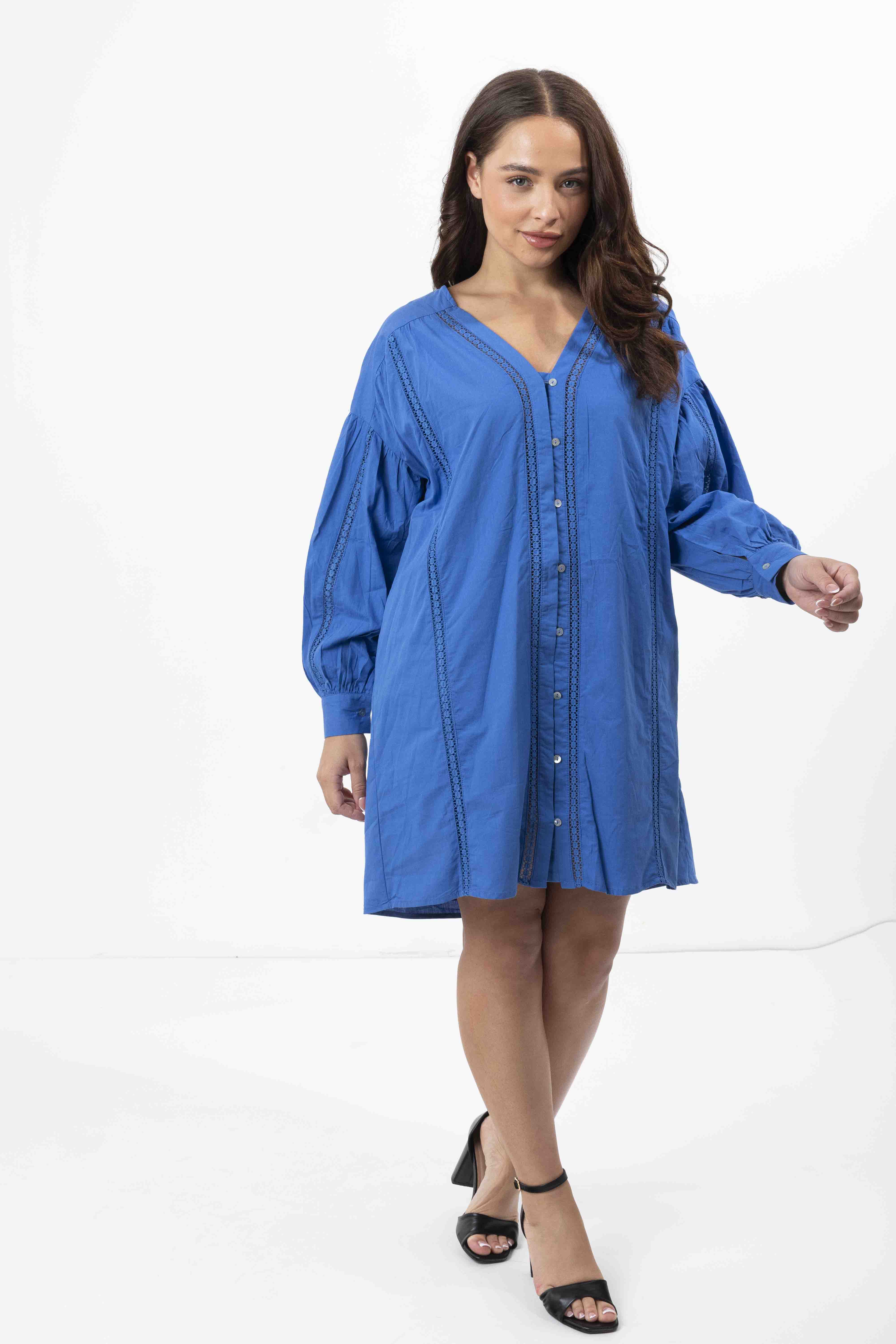 Embroidered Panel Lined Cotton V-Cut Shirt Dress