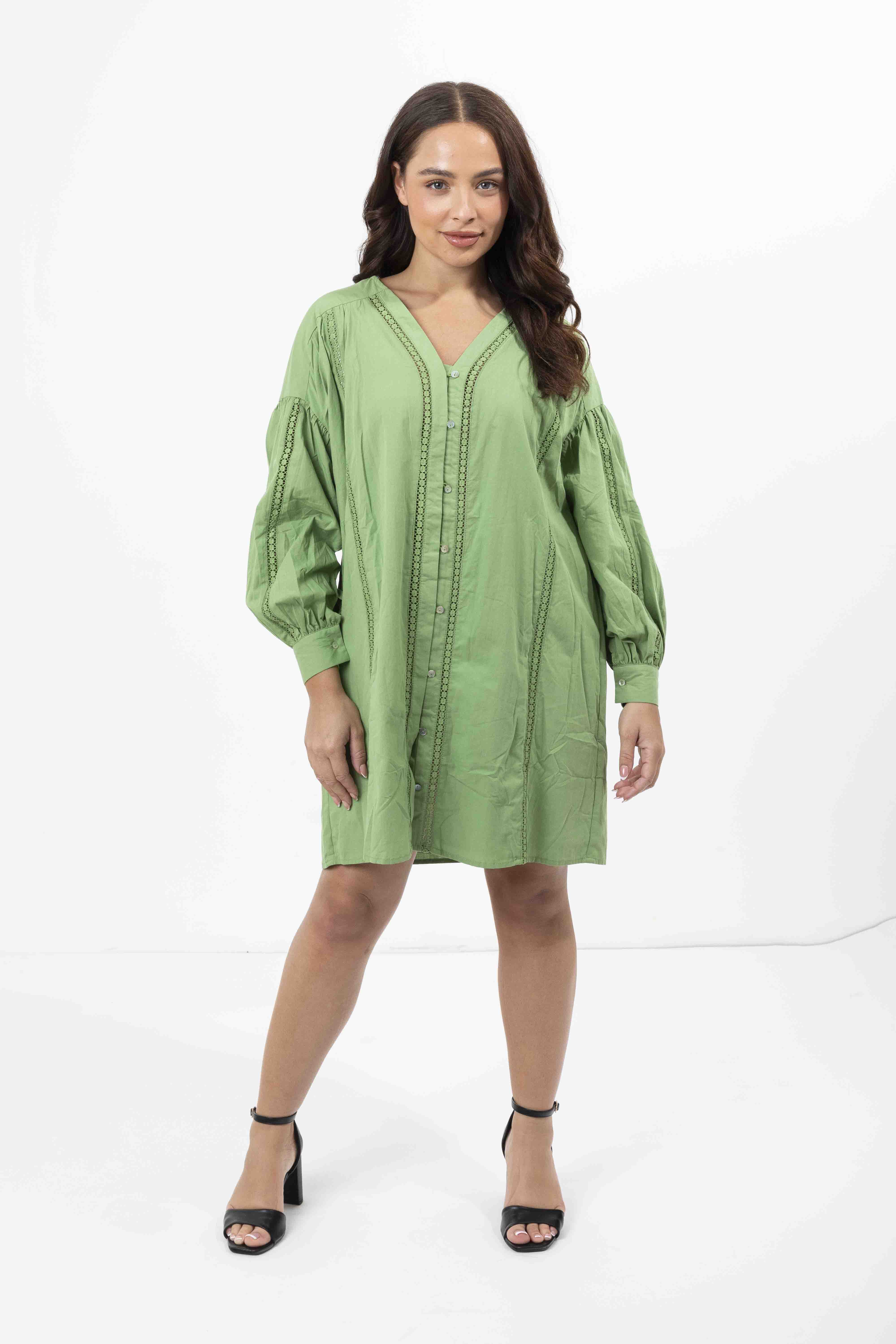 Wholesale Women's Embroidered Panel Lined Cotton V-Cut Shirt Dress (PACK OF 6)