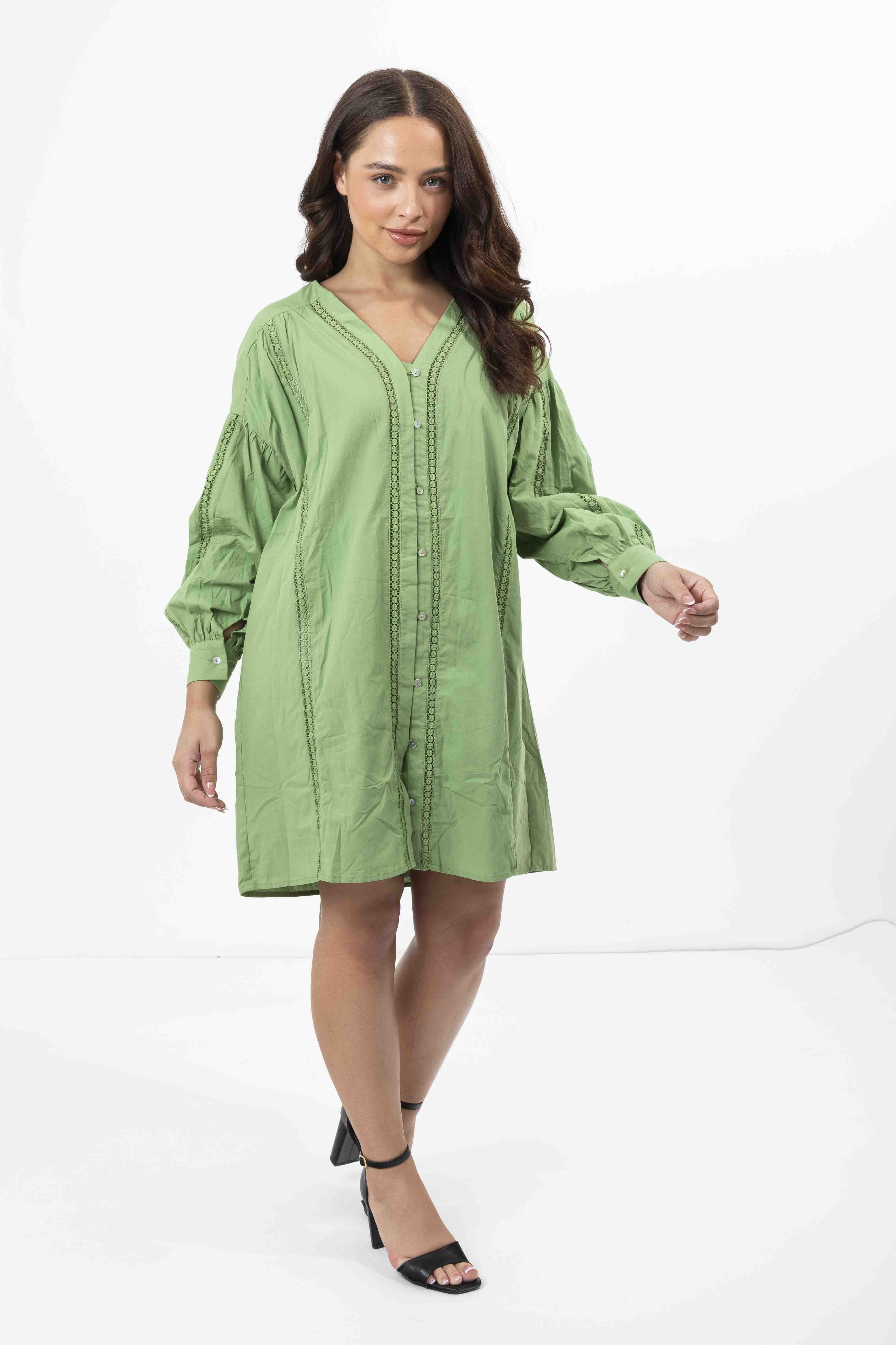 Embroidered Panel Lined Cotton V-Cut Shirt Dress