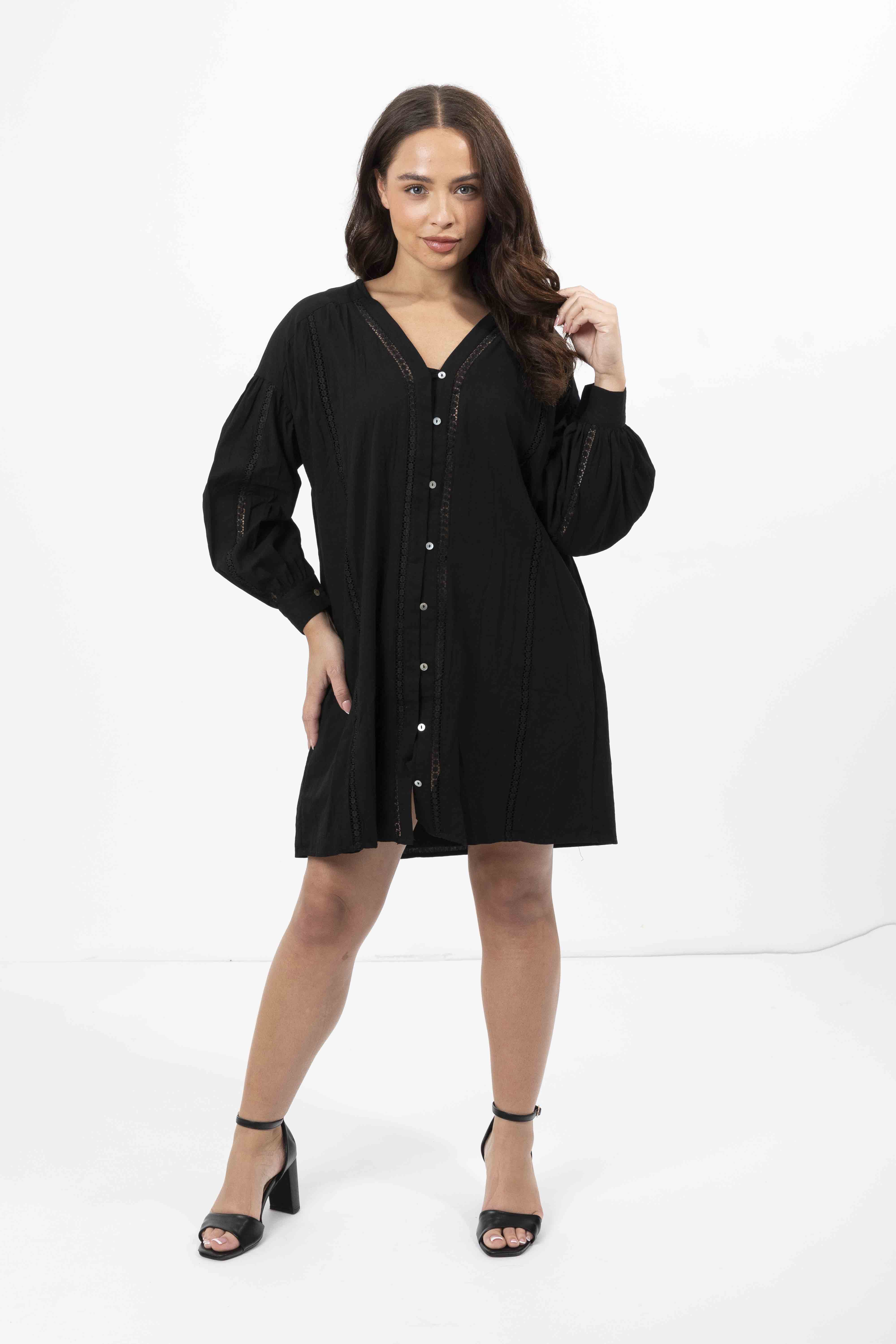 Wholesale Women's Embroidered Panel Lined Cotton V-Cut Shirt Dress (PACK OF 6)