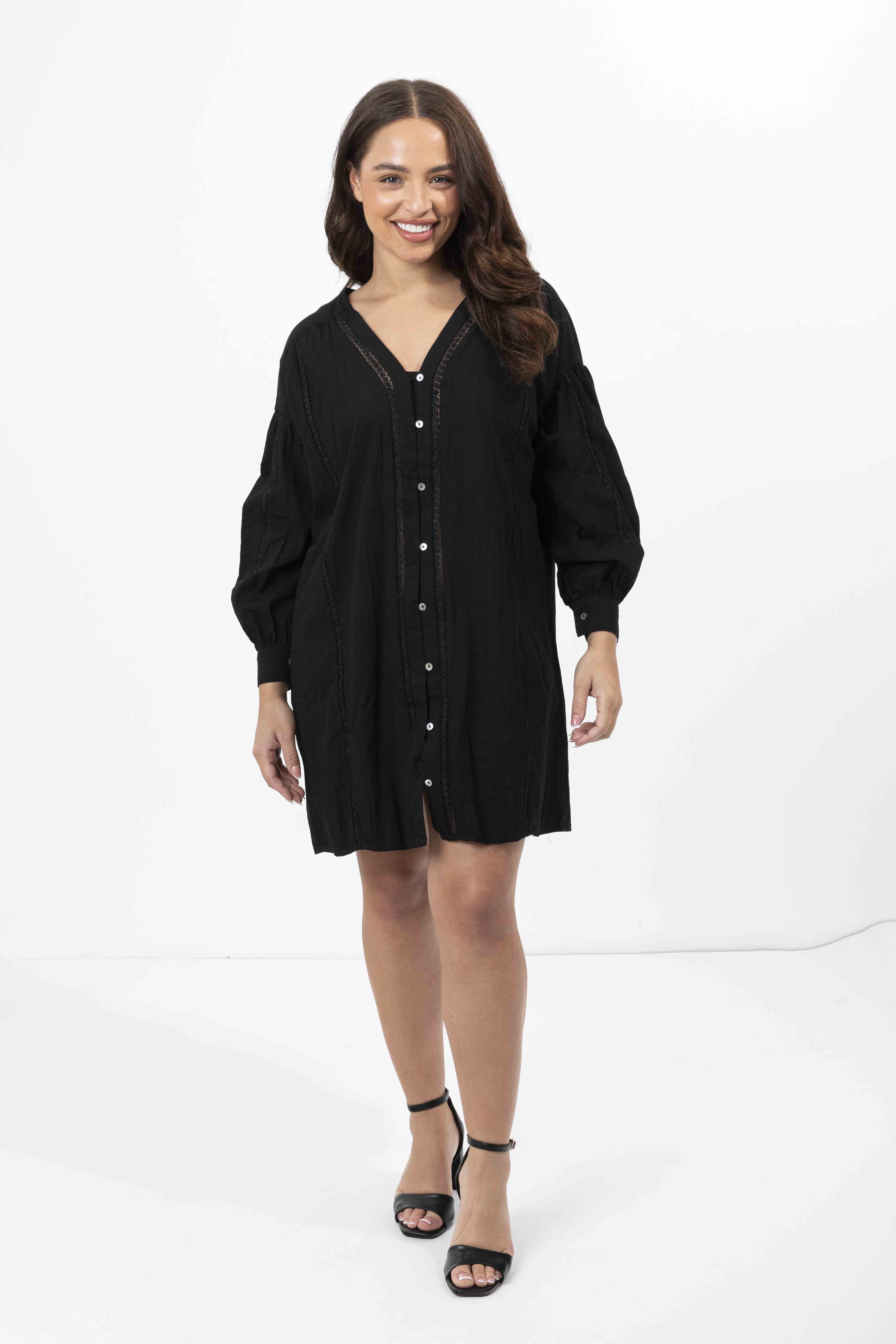 Embroidered Panel Lined Cotton V-Cut Shirt Dress