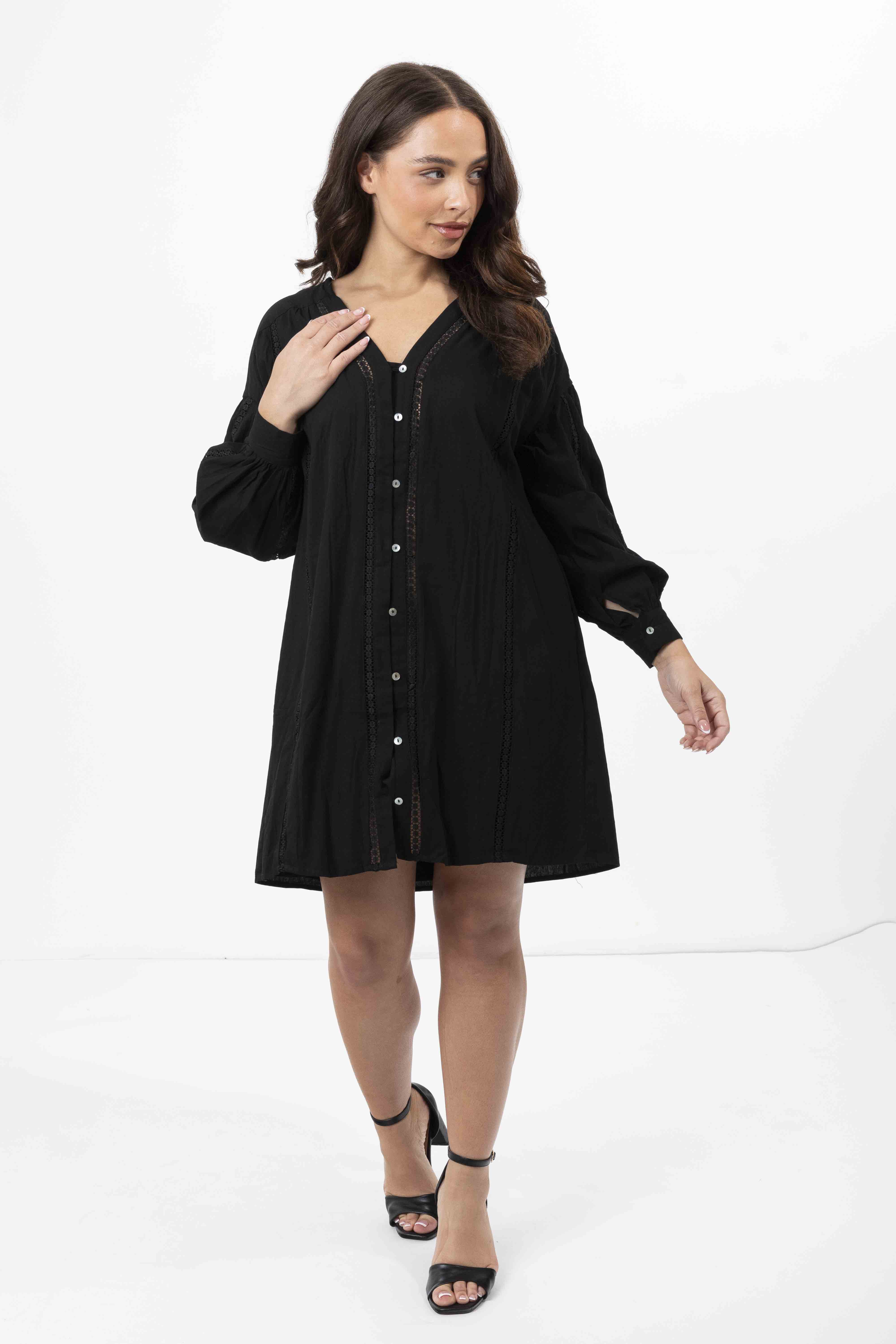 Embroidered Panel Lined Cotton V-Cut Shirt Dress