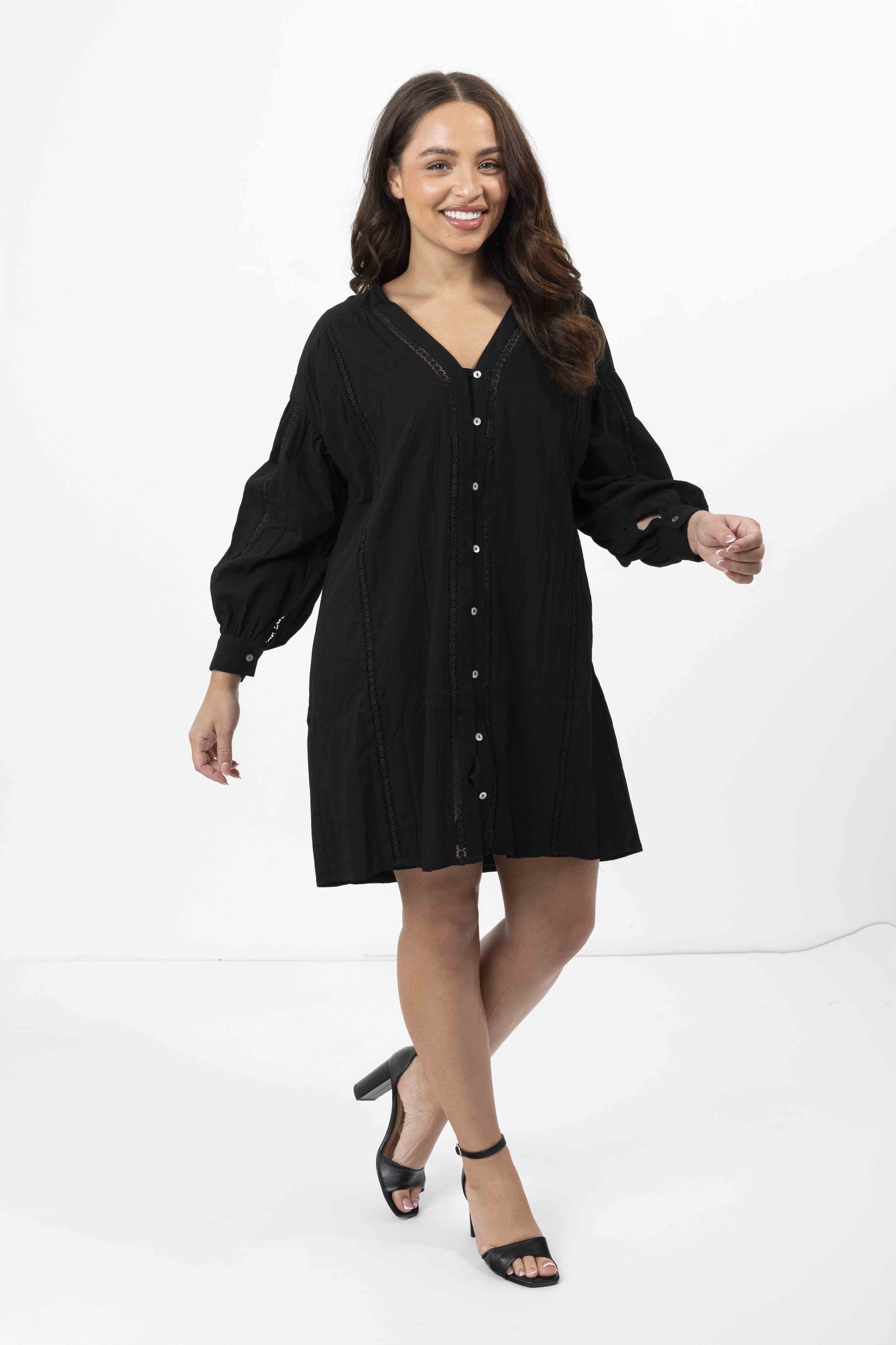 Wholesale Women's Embroidered Panel Lined Cotton V-Cut Shirt Dress (PACK OF 6)