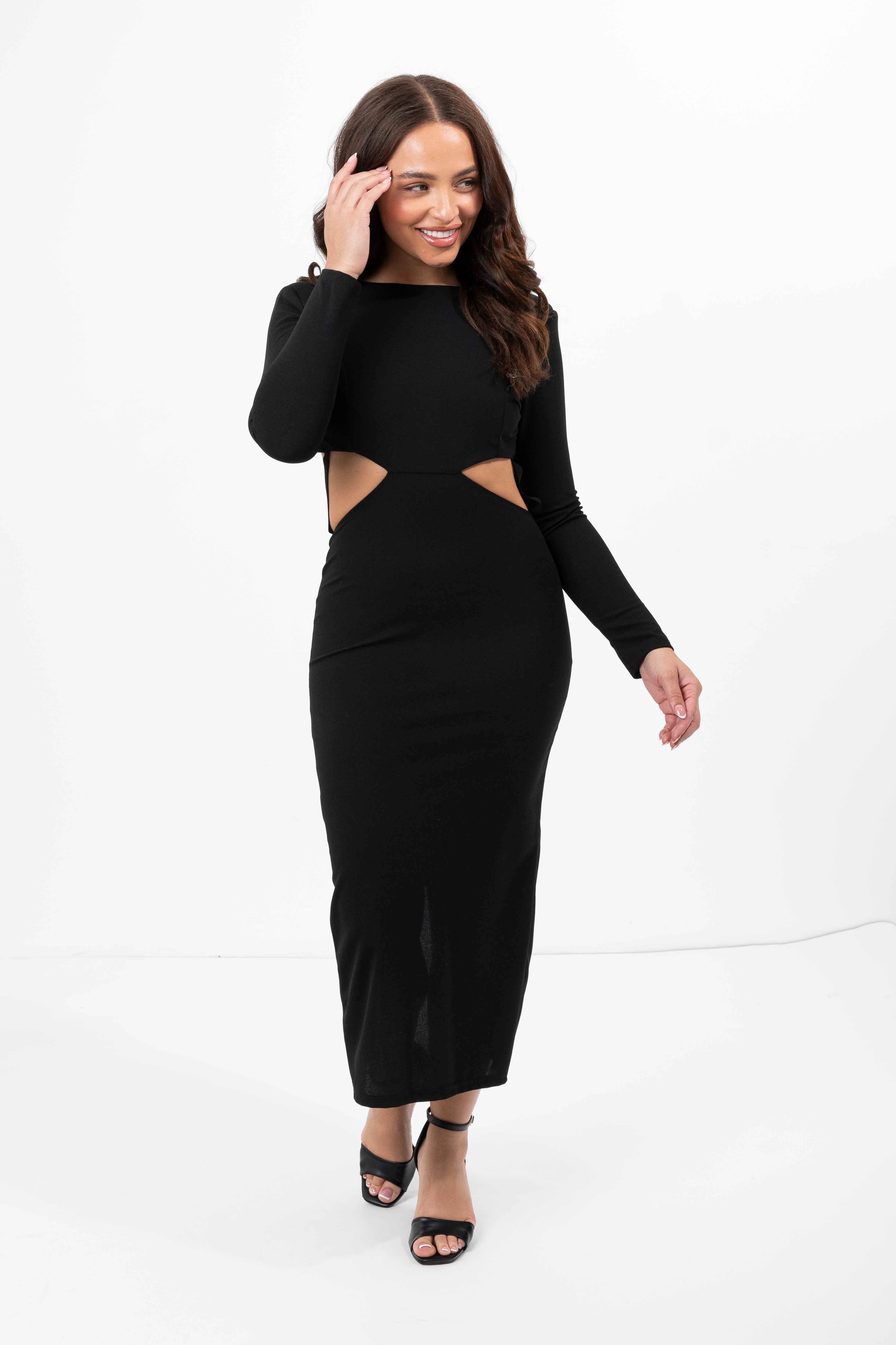 Cut Out Back Padded Shoulder Long Sleeve Long Stretchy Dress