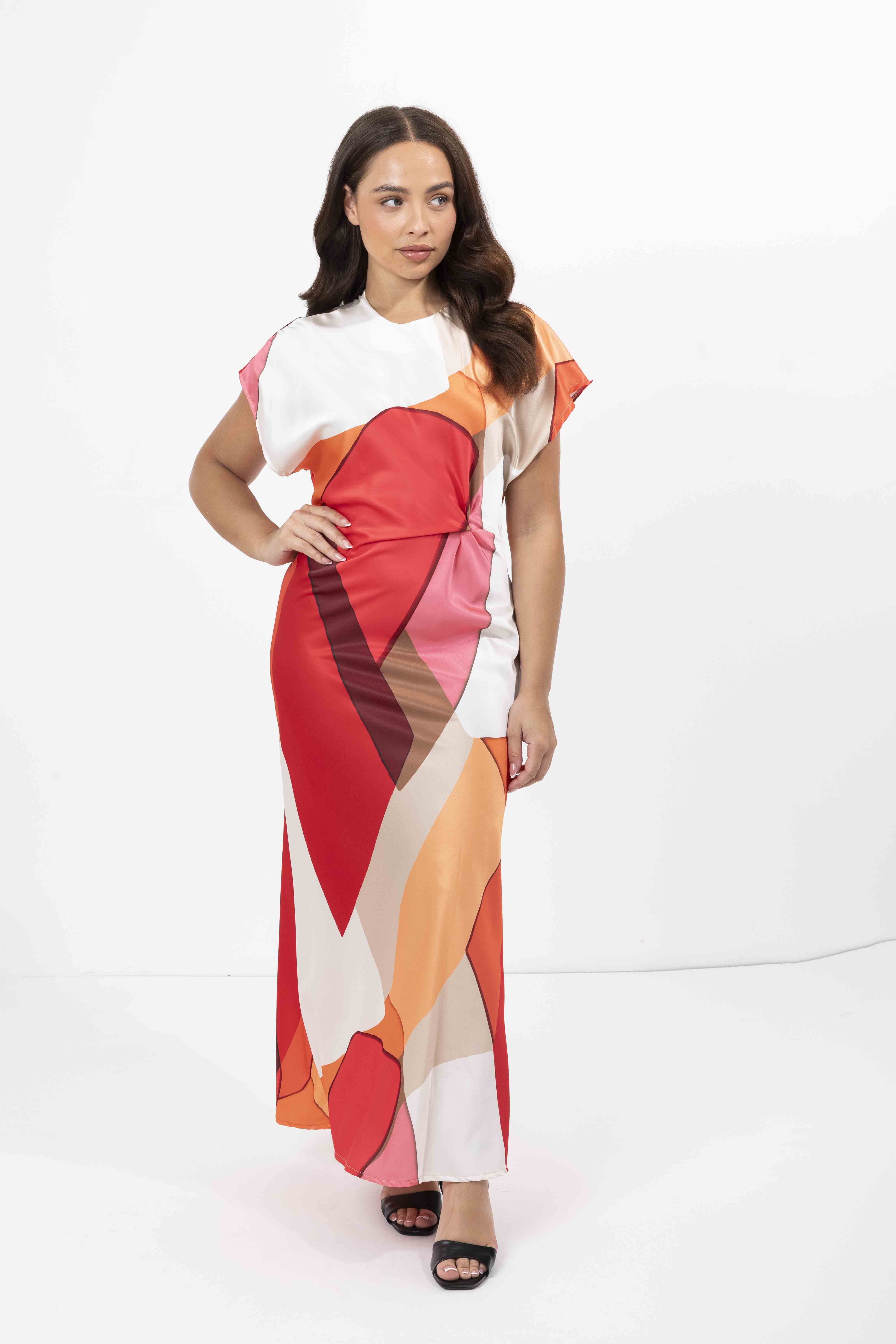 Abstract Print Twist Detail Satin Long Dress