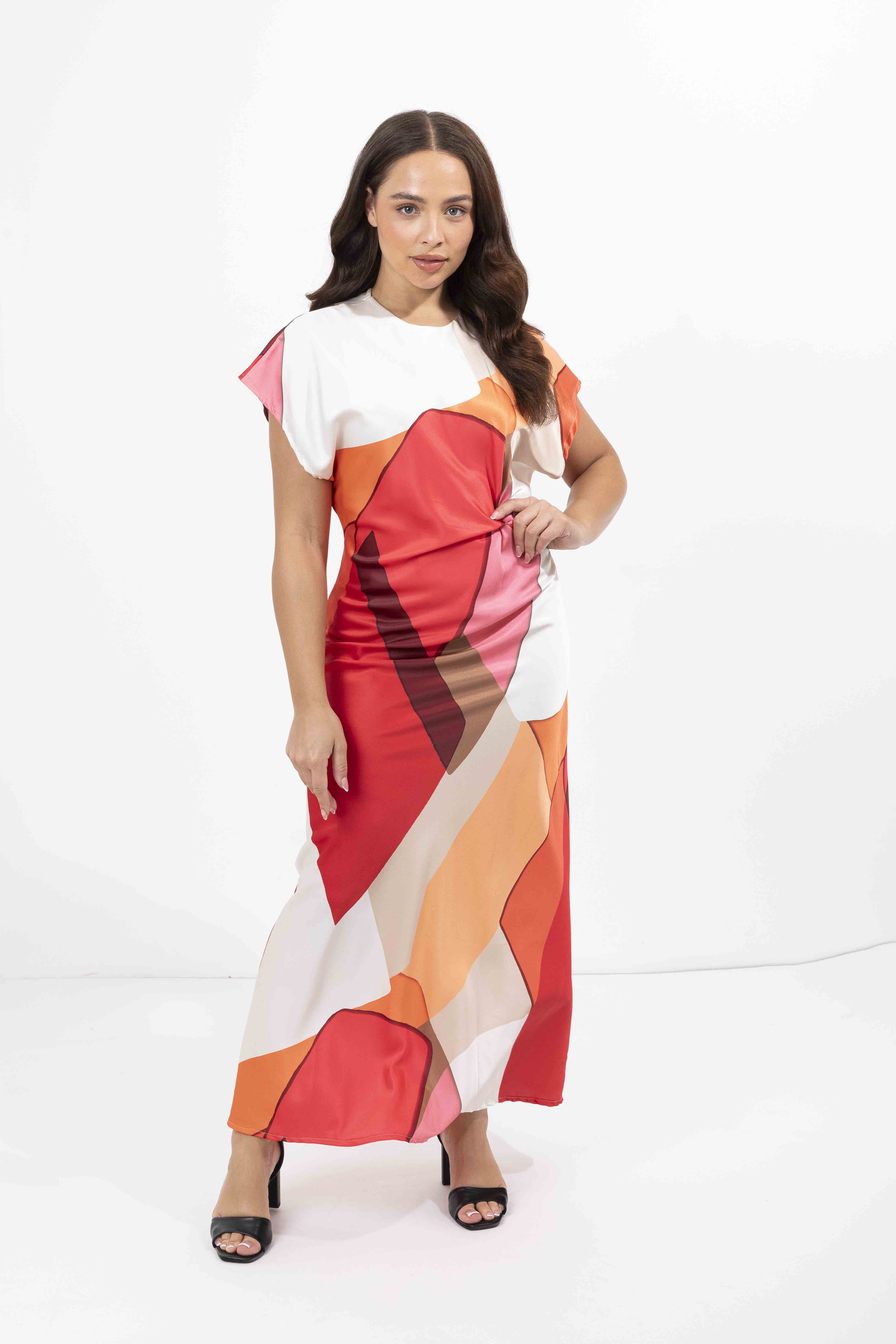 Abstract Print Twist Detail Satin Long Dress