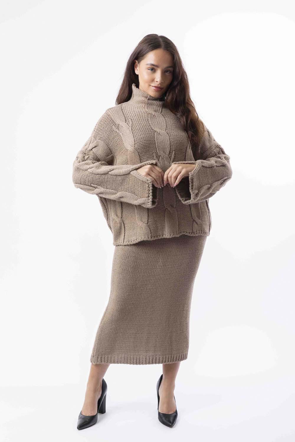 High Neck Braid Knit Pullover And Midi Skirt Set