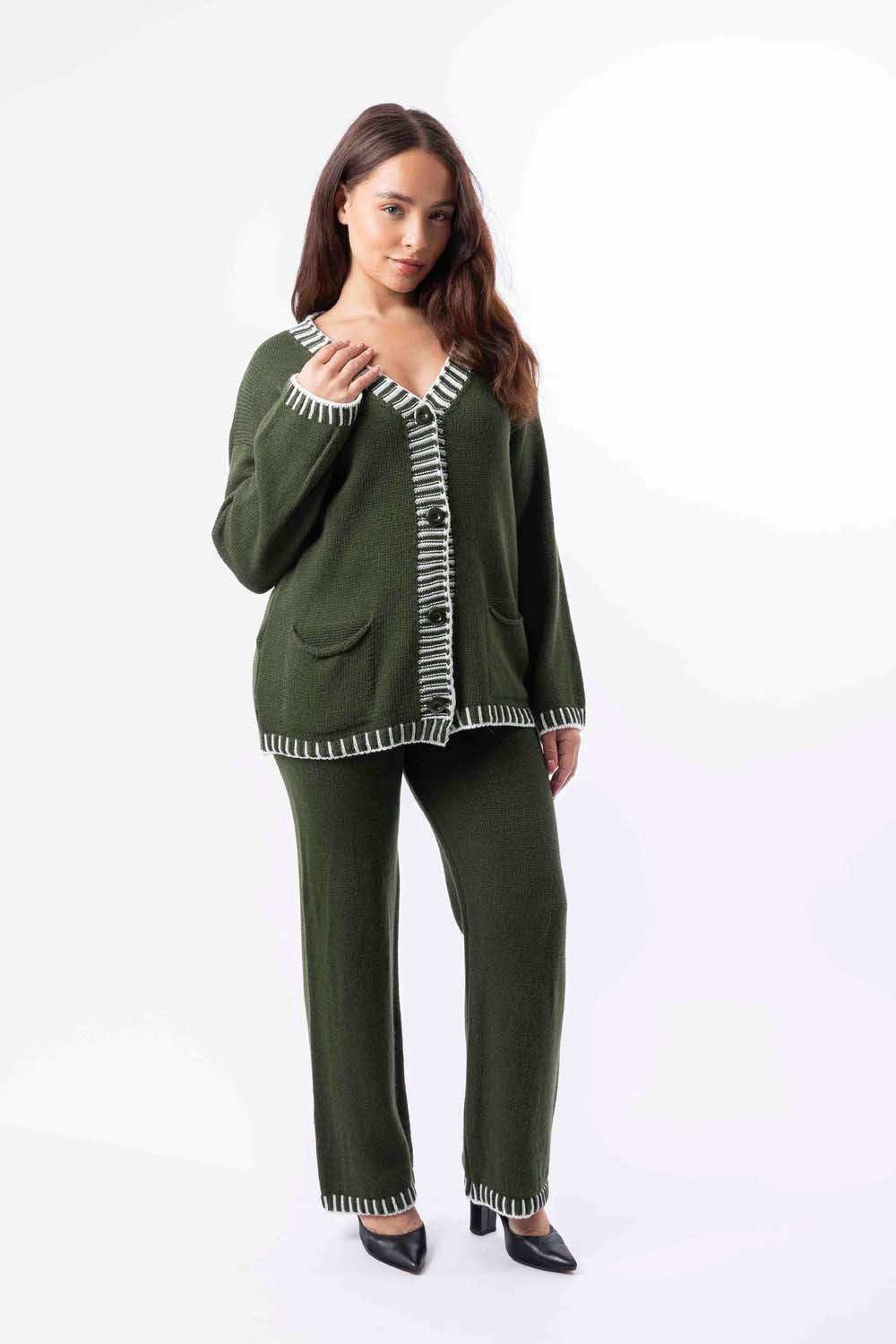 Contrast Stitch Effect Trim Knitted Leisure Set