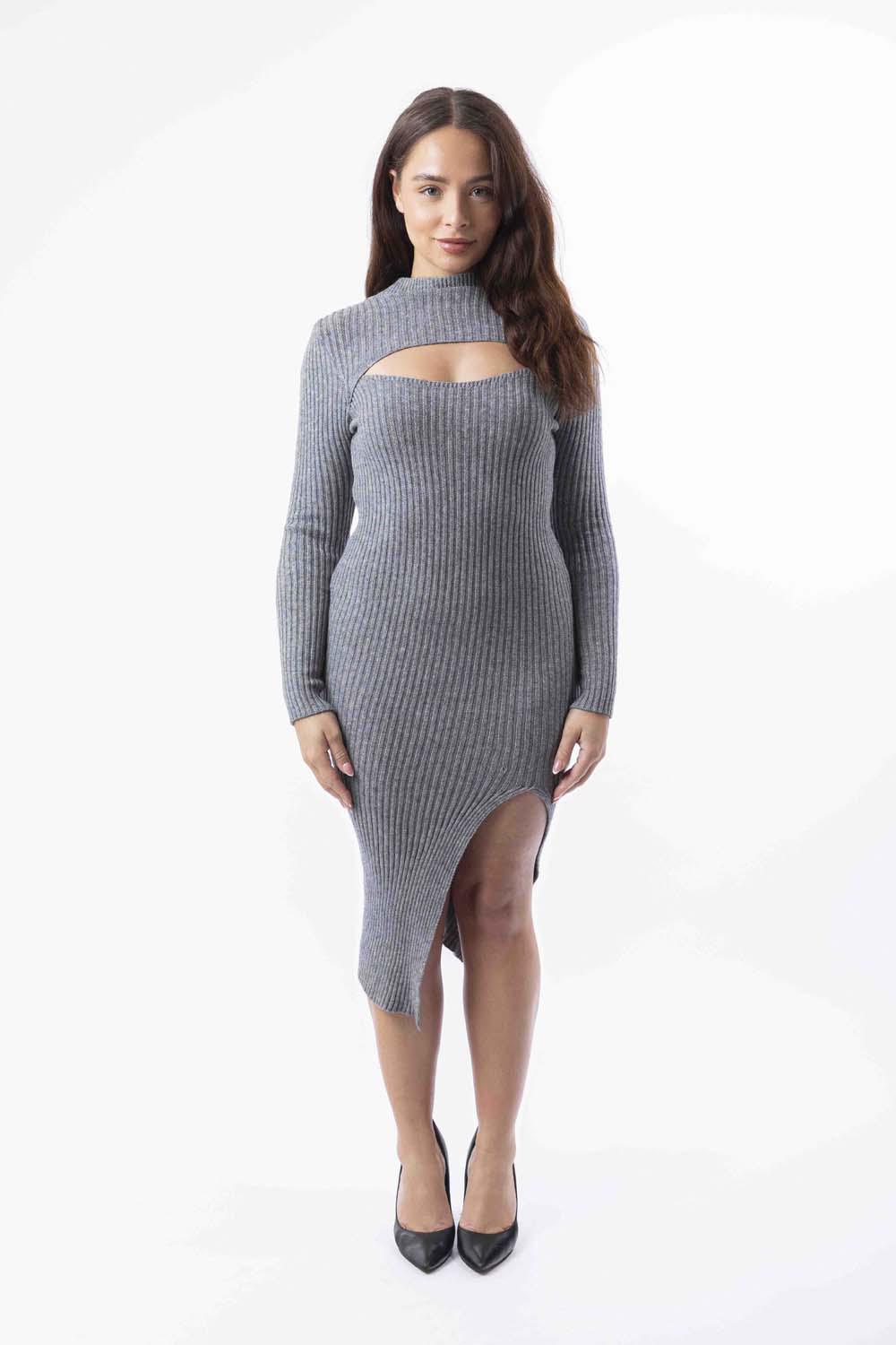 Cut Out Detail High Neck Knitted Midi Dress