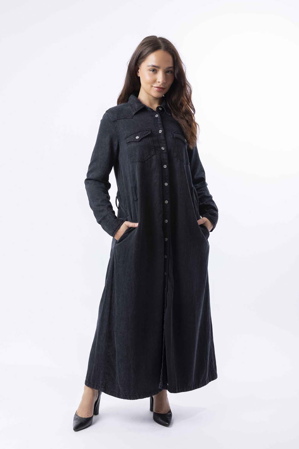 Long Sleeve Belt Loops Thick A-Line Denim Maxi Dress