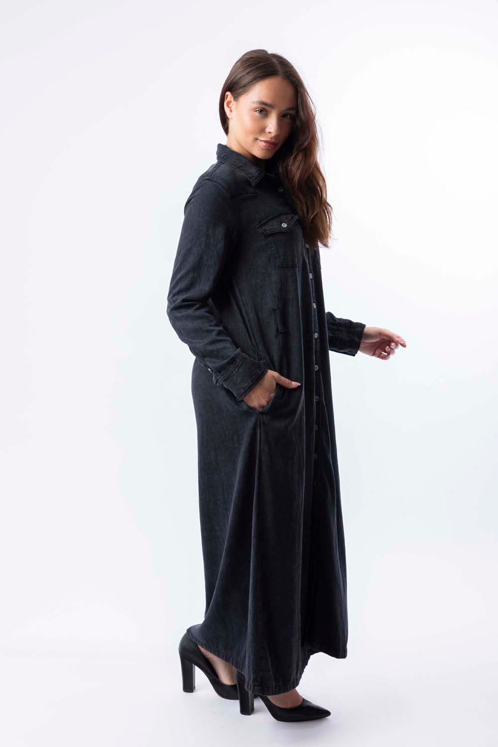 Long Sleeve Belt Loops Thick A-Line Denim Maxi Dress