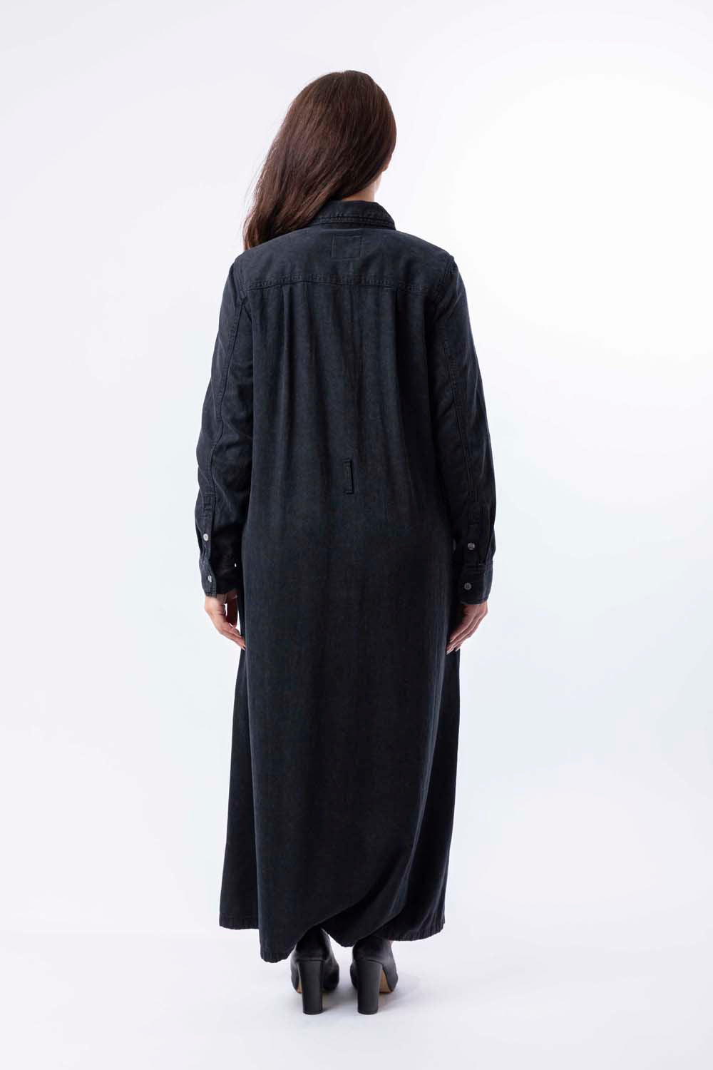 Long Sleeve Belt Loops Thick A-Line Denim Maxi Dress