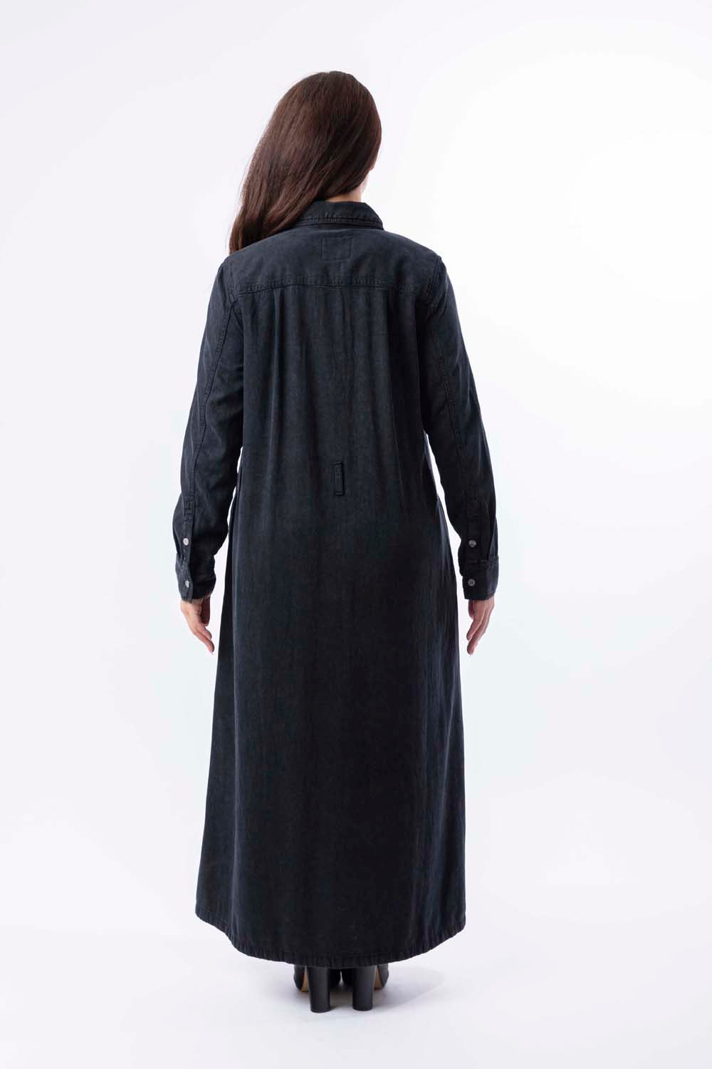 Long Sleeve Belt Loops Thick A-Line Denim Maxi Dress