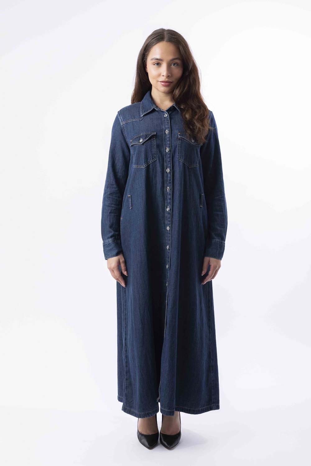 Long Sleeve Belt Loops Thick A-Line Denim Maxi Dress