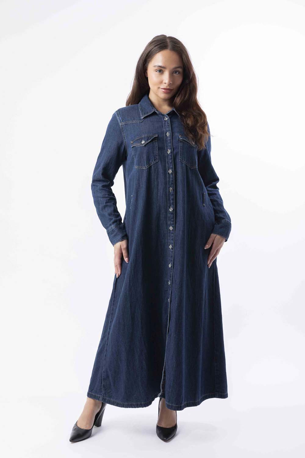 Long Sleeve Belt Loops Thick A-Line Denim Maxi Dress