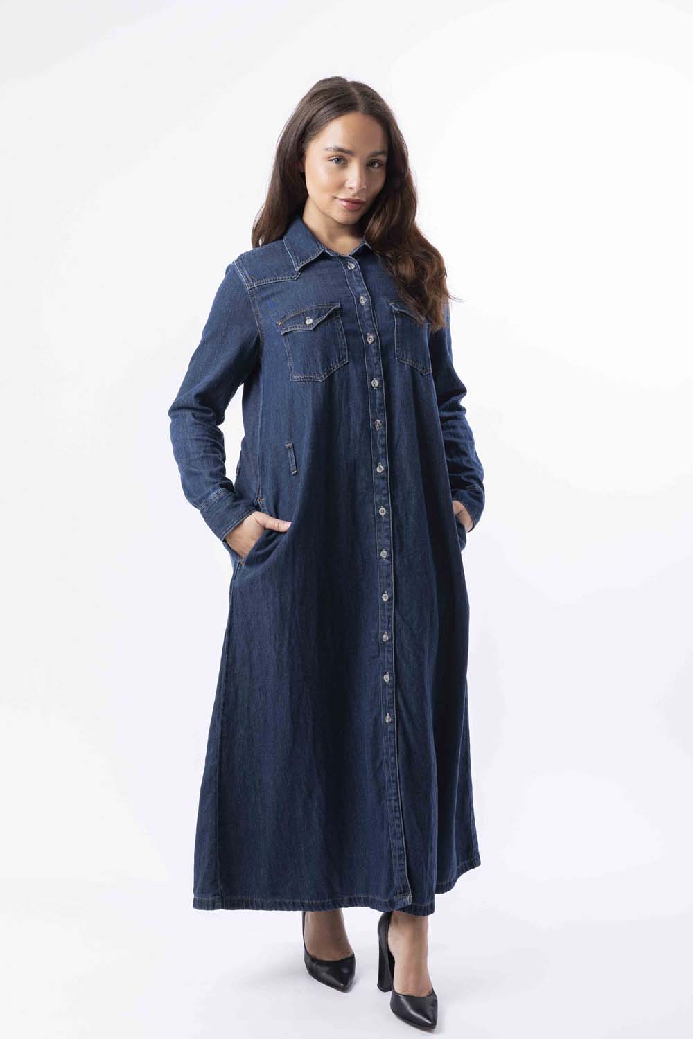 Long Sleeve Belt Loops Thick A-Line Denim Maxi Dress