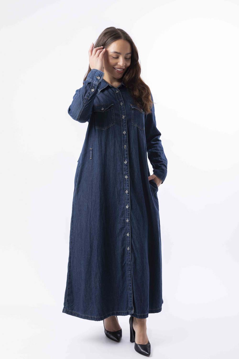 Long Sleeve Belt Loops Thick A-Line Denim Maxi Dress