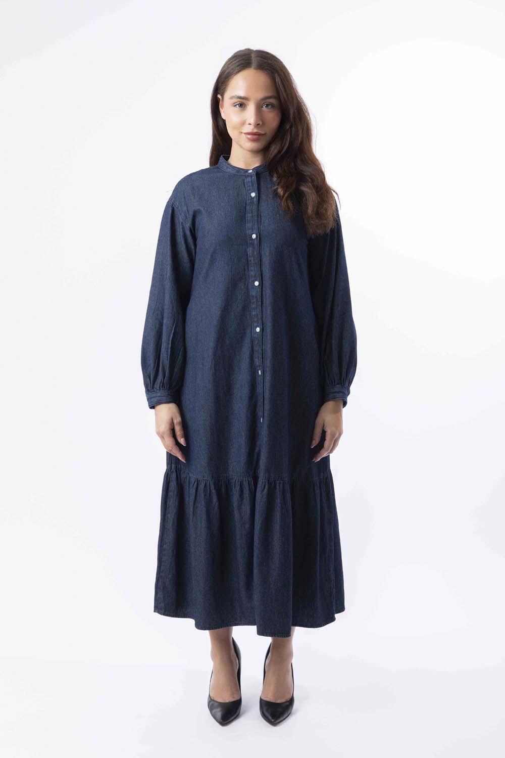 Long Sleeve Side Pockets Layered Long Denim Dress-SinglePrice