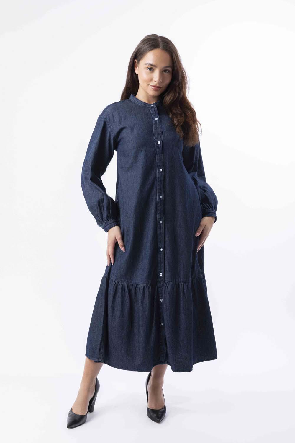 Long Sleeve Side Pockets Layered Long Denim Dress-SinglePrice