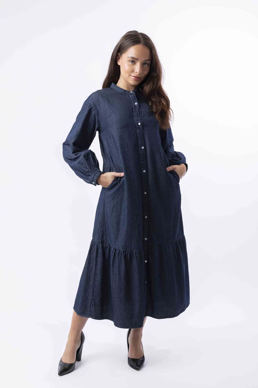 Long Sleeve Side Pockets Layered Long Denim Dress-SinglePrice