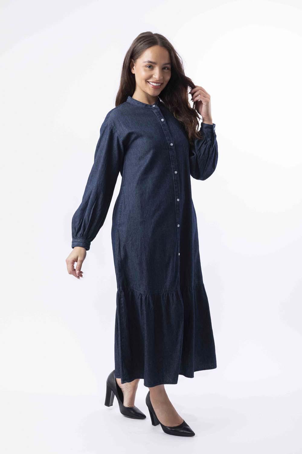 Long Sleeve Side Pockets Layered Long Denim Dress-SinglePrice