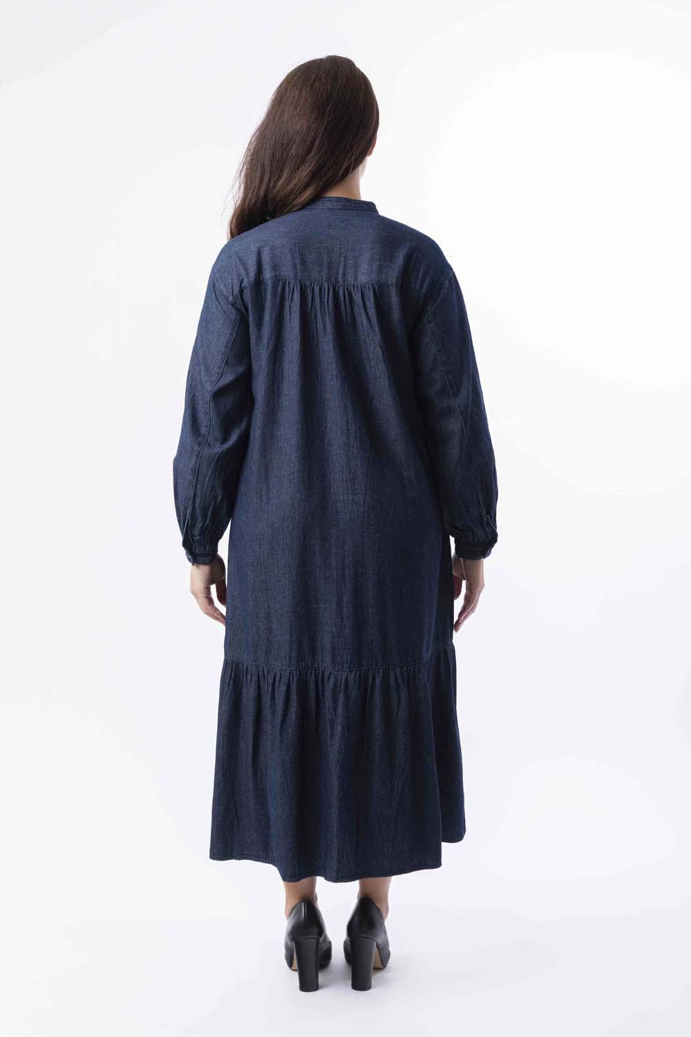 Long Sleeve Side Pockets Layered Long Denim Dress-SinglePrice