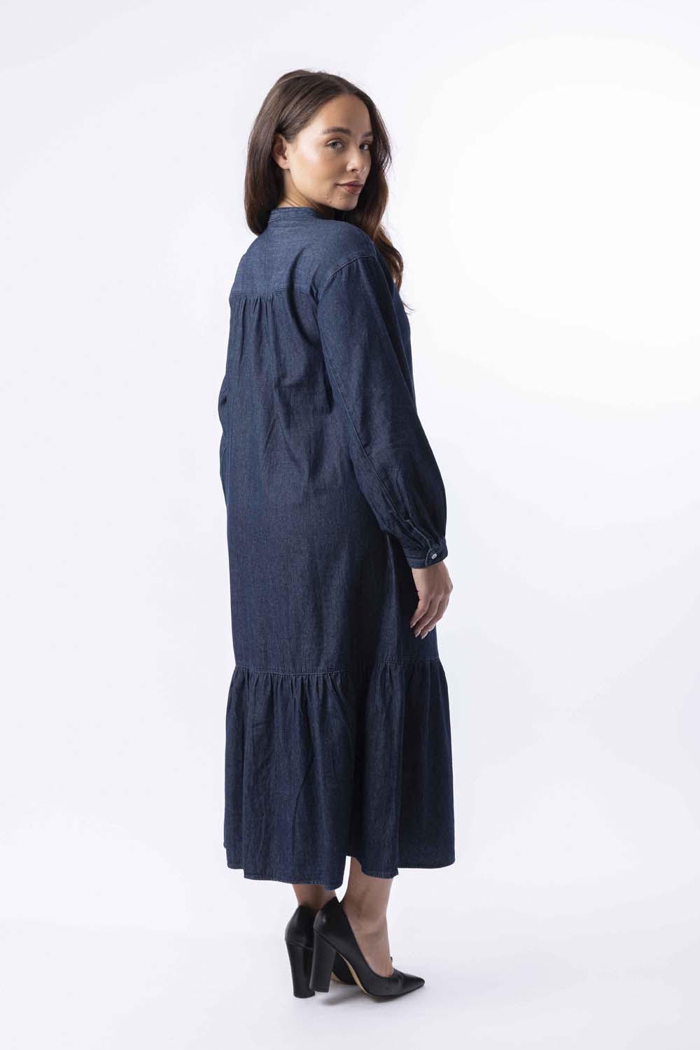 Long Sleeve Side Pockets Layered Long Denim Dress-SinglePrice