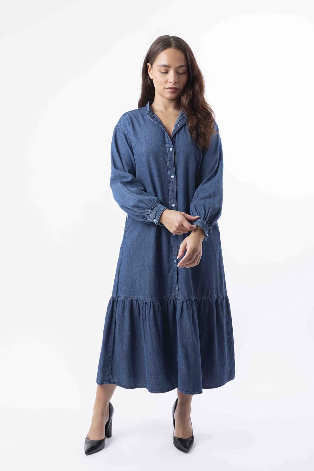 Long Sleeve Side Pockets Layered Long Denim Dress-SinglePrice