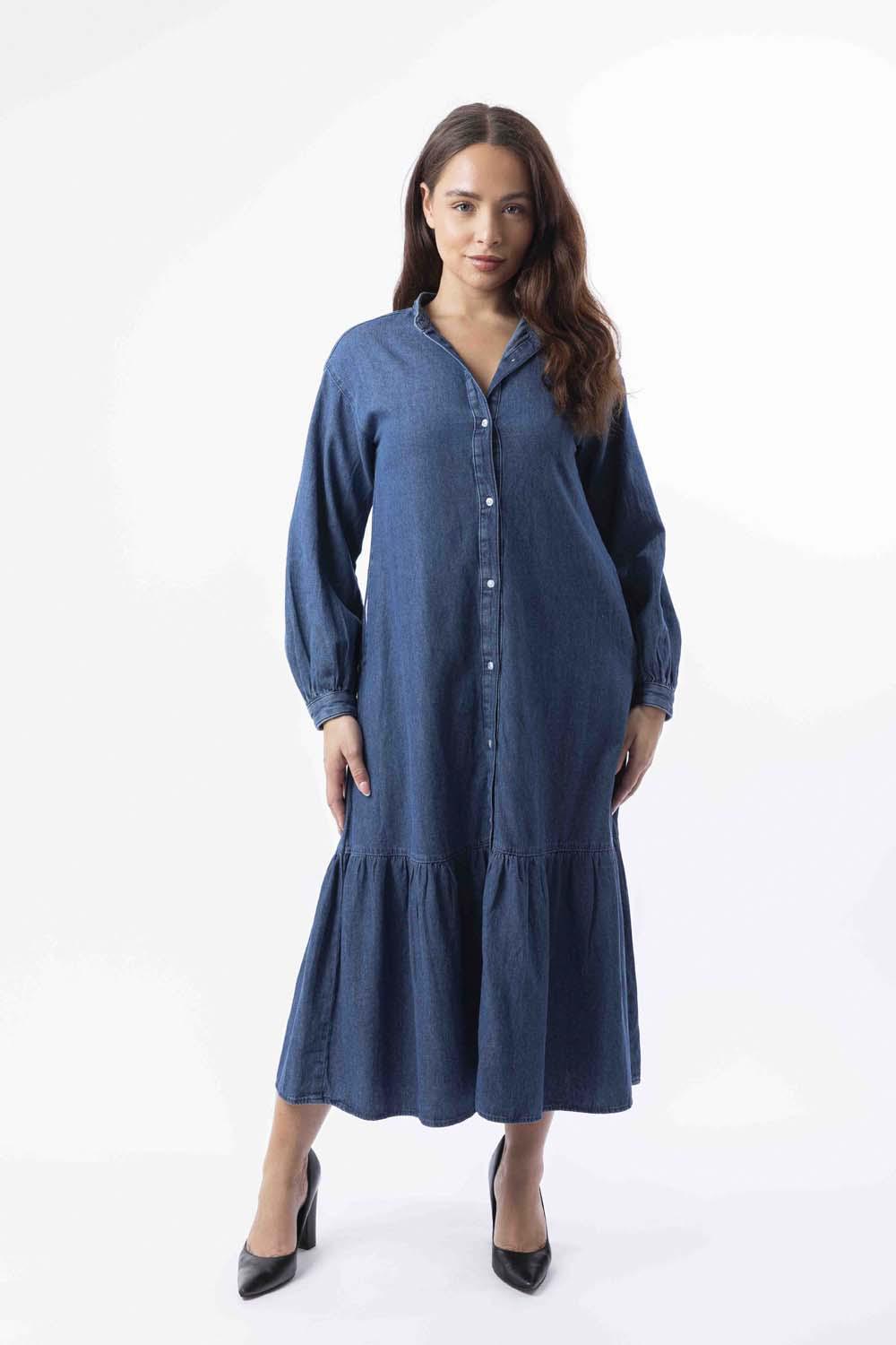 Long Sleeve Side Pockets Layered Long Denim Dress-SinglePrice