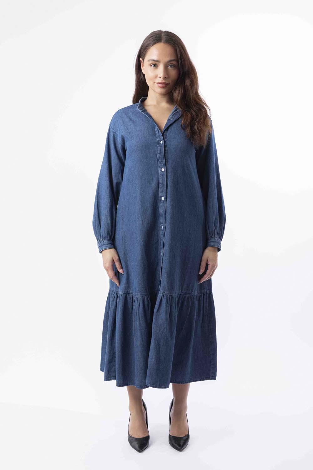 Long Sleeve Side Pockets Layered Long Denim Dress-SinglePrice