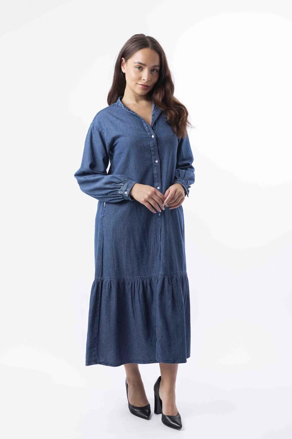 Long Sleeve Side Pockets Layered Long Denim Dress-SinglePrice