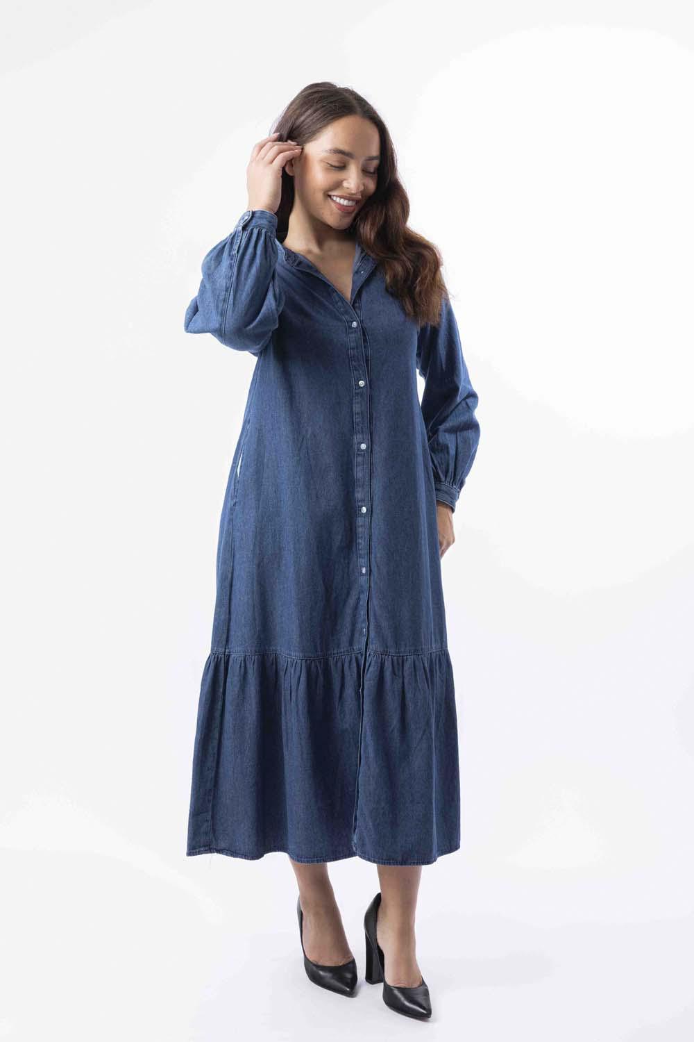 Long Sleeve Side Pockets Layered Long Denim Dress-SinglePrice